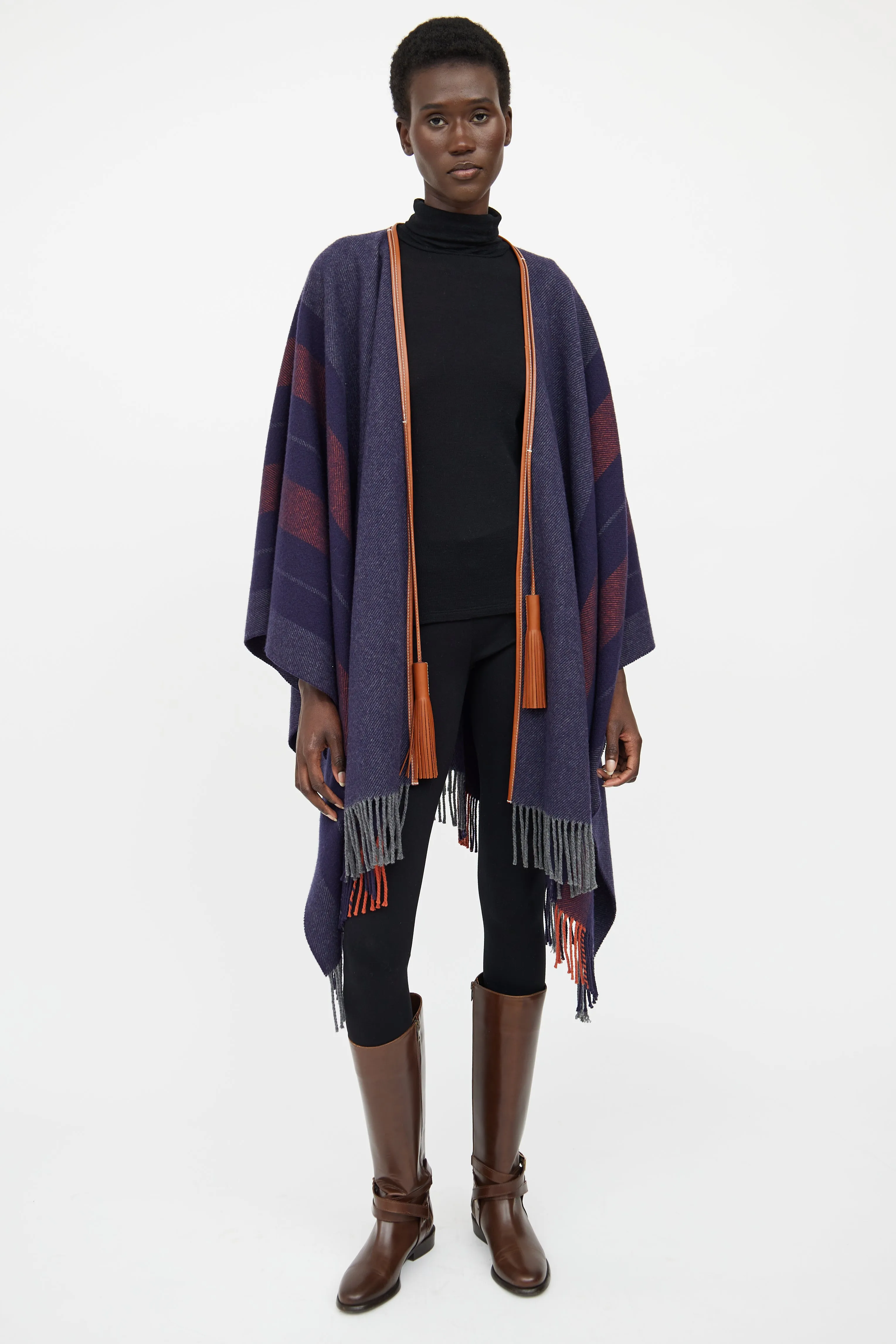 Navy & Brown Striped Wool Poncho