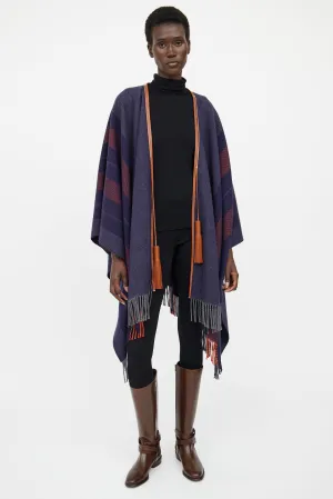 Navy & Brown Striped Wool Poncho