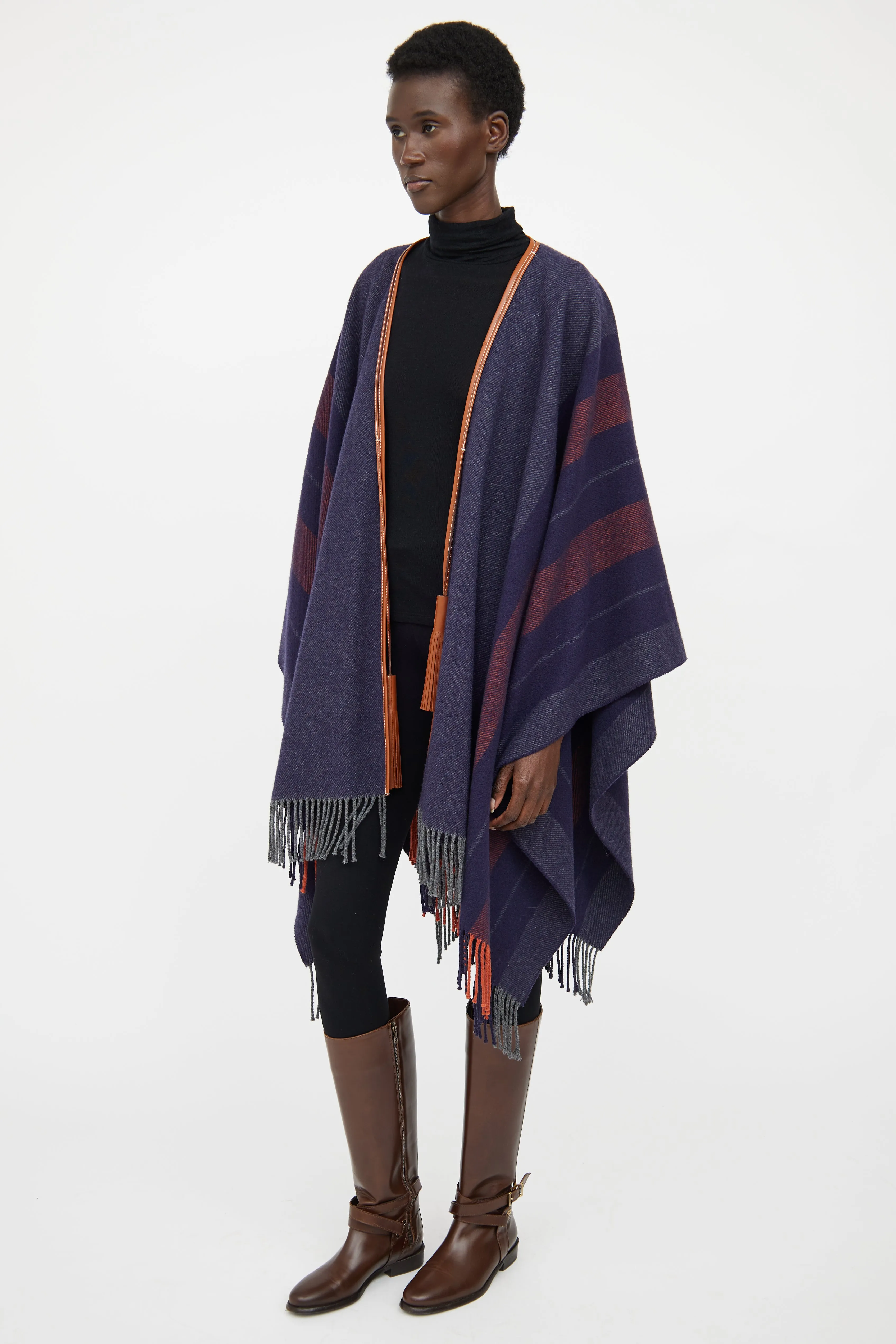 Navy & Brown Striped Wool Poncho