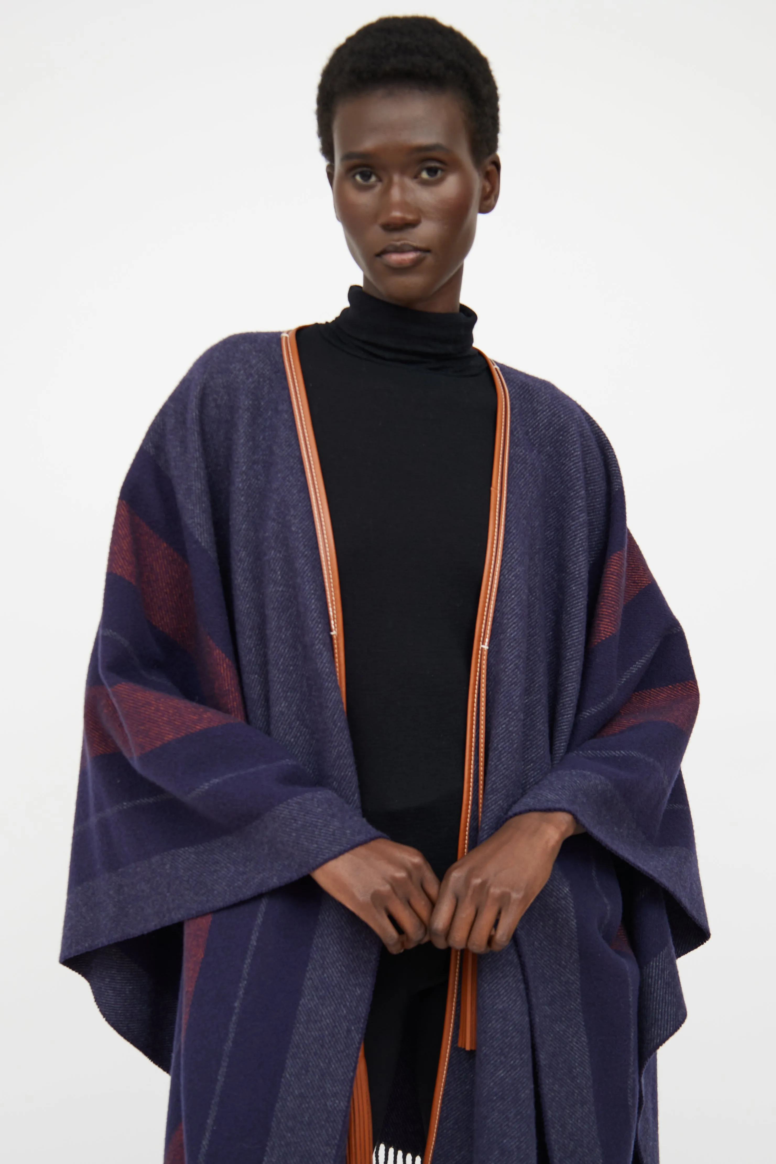 Navy & Brown Striped Wool Poncho