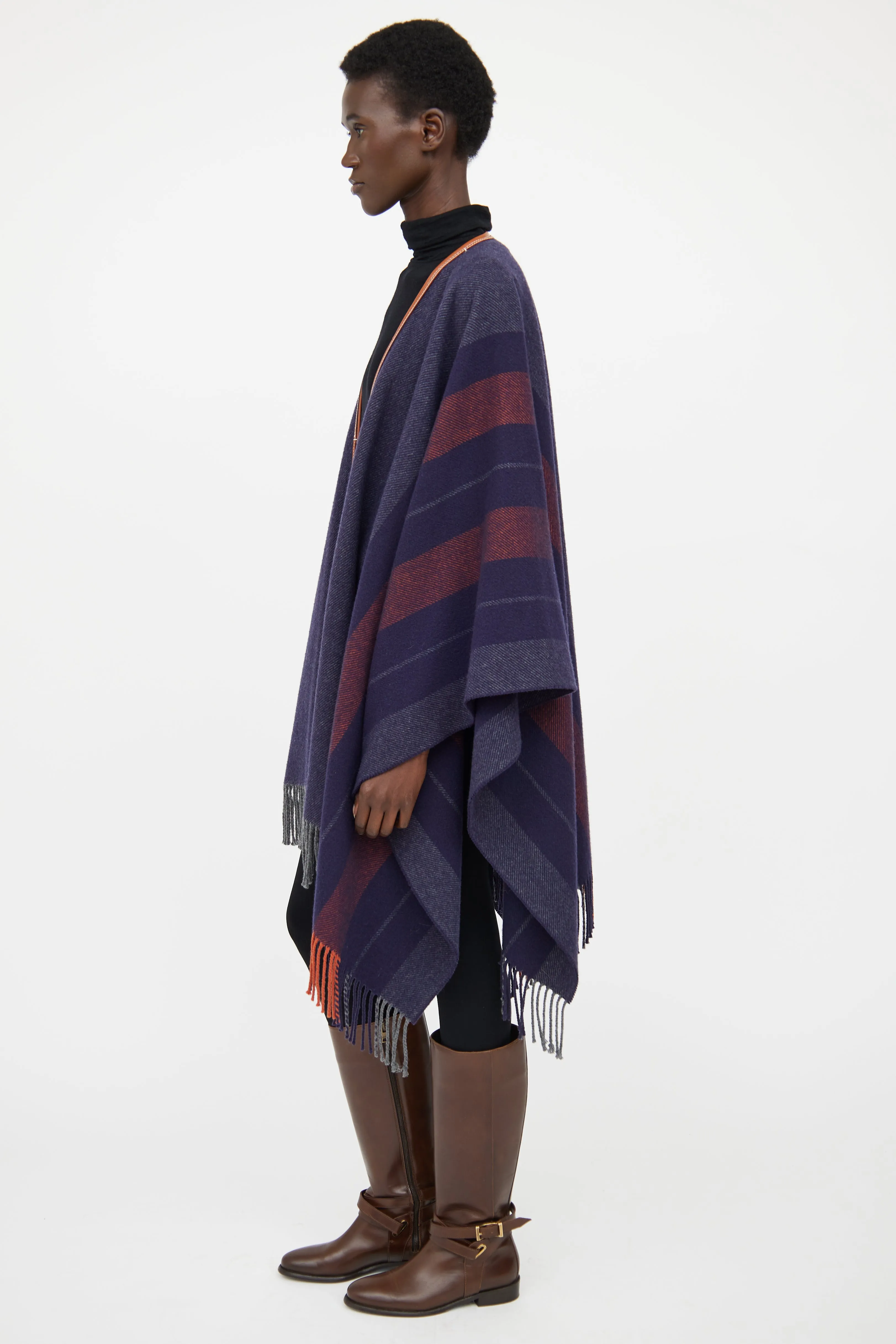 Navy & Brown Striped Wool Poncho