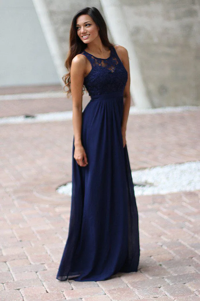 Navy Crochet Maxi Dress with Open Back