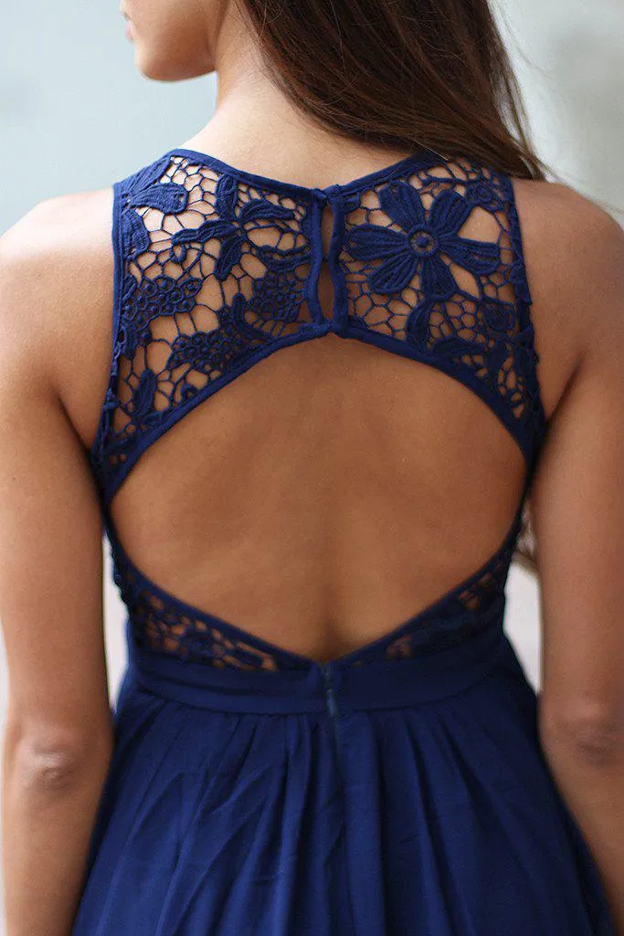 Navy Crochet Maxi Dress with Open Back