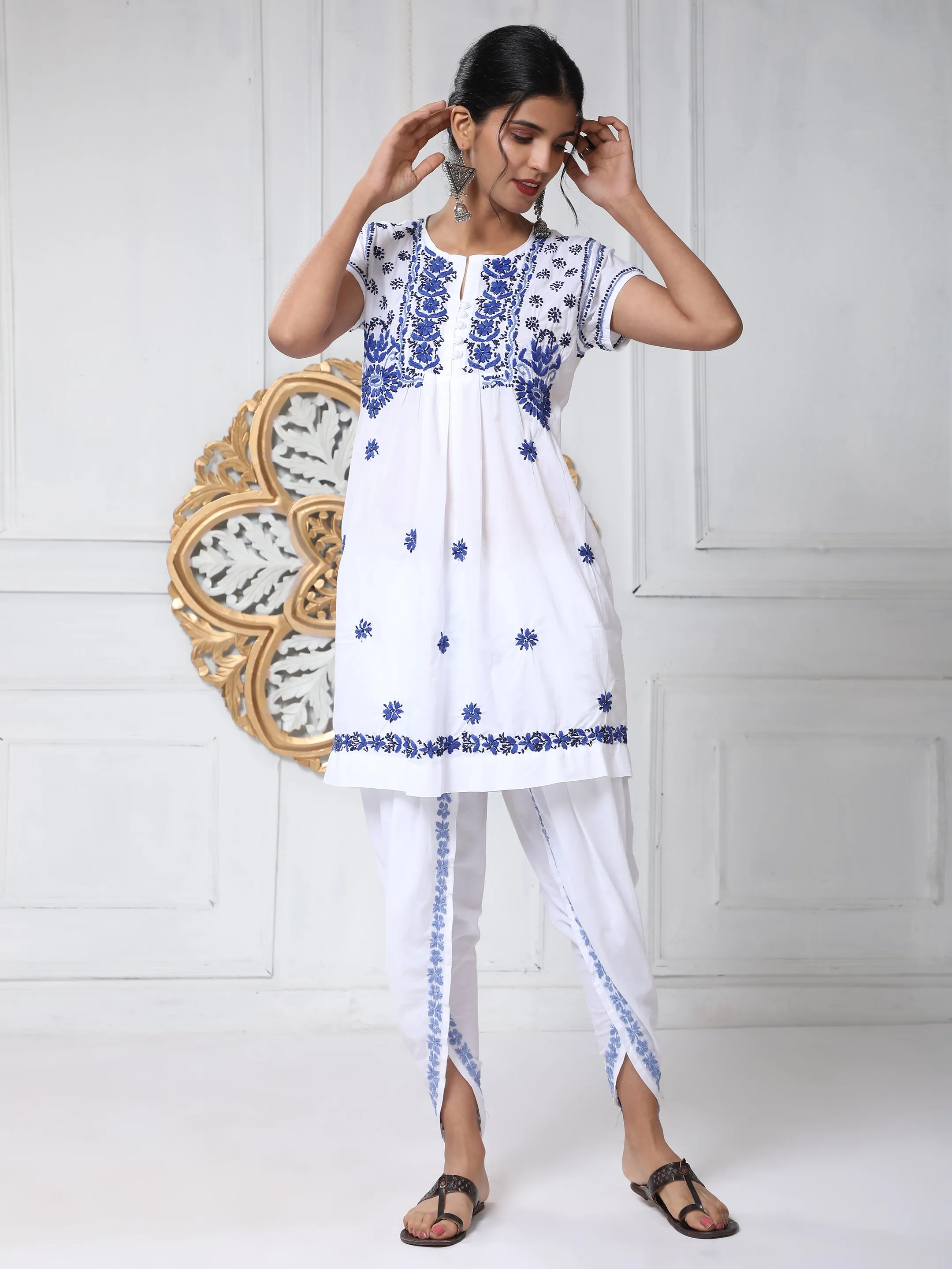 Noor Chikankari Hand Embrodiery Dhooti White/Blue