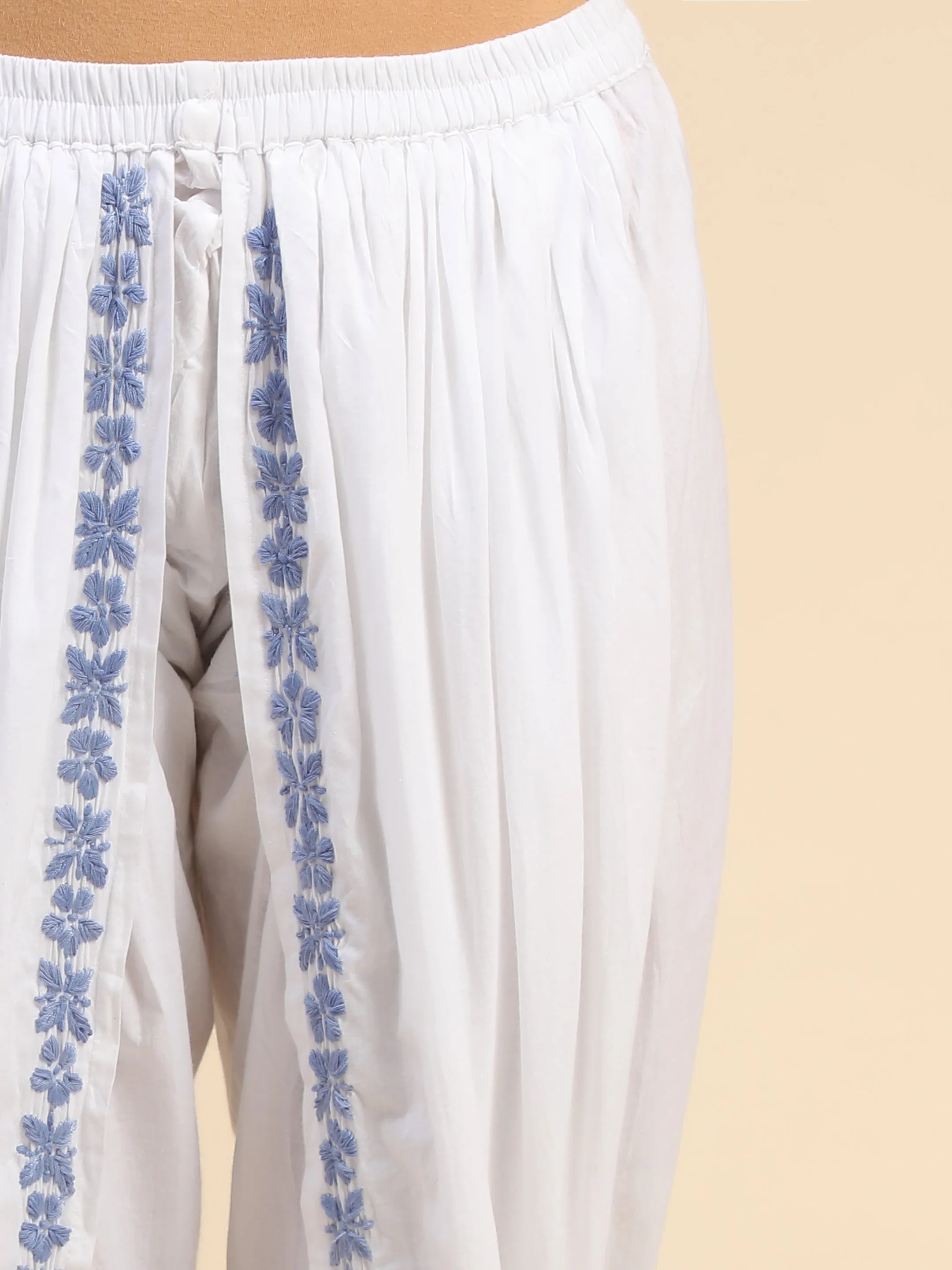 Noor Chikankari Hand Embrodiery Dhooti White/Blue