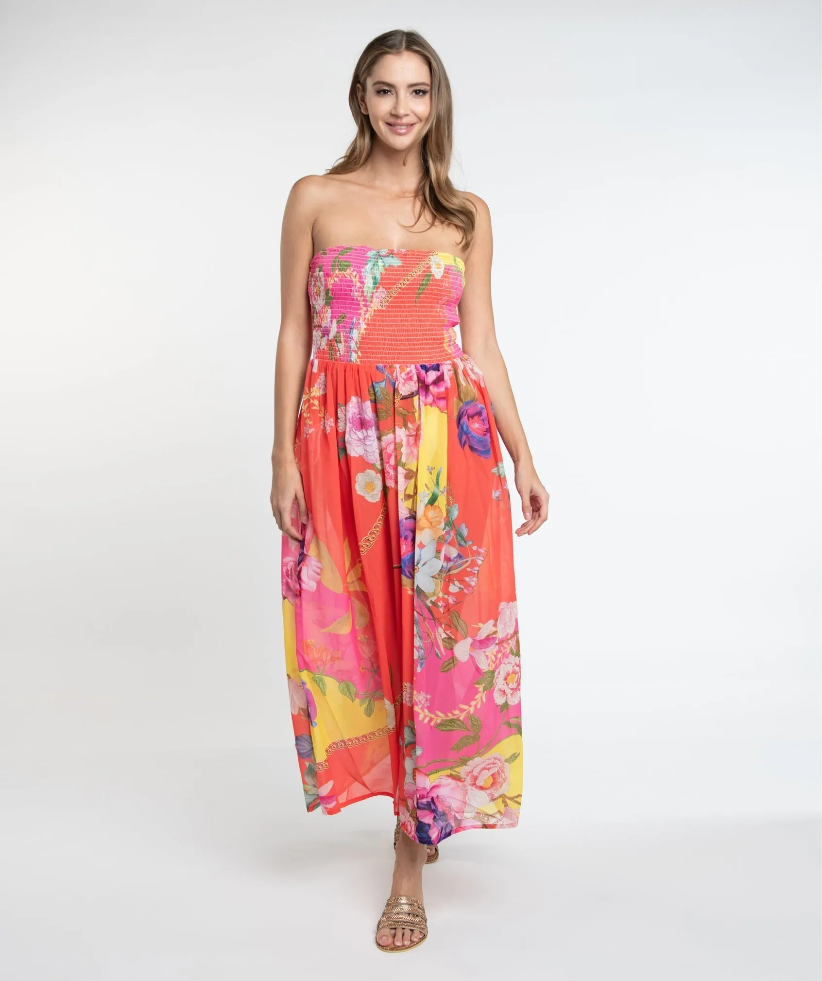 Orange Maxi Dress with Hawaiian-inspired Design