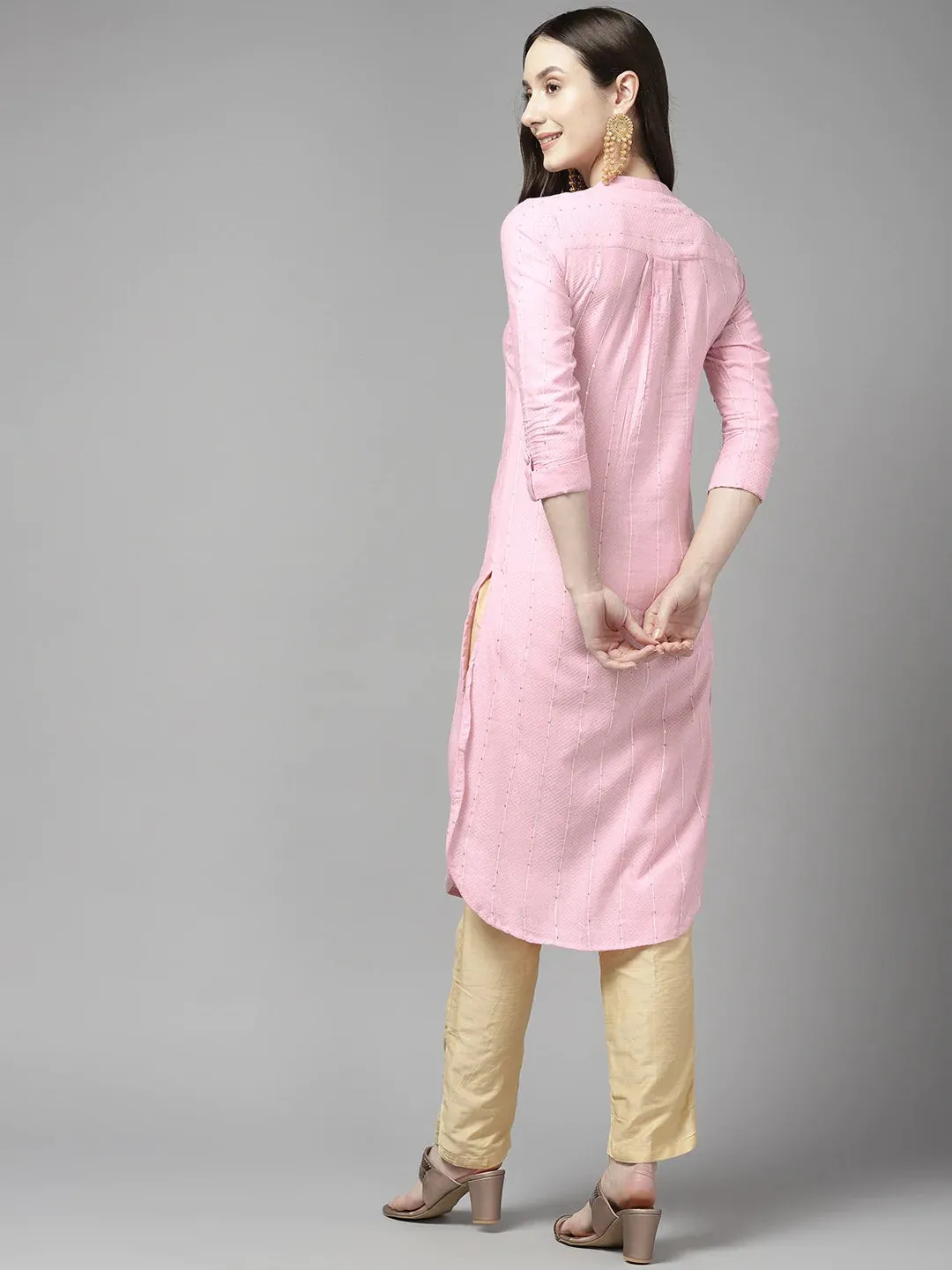 Pink Cotton Blend Striped & Sequined Detailing Kurta