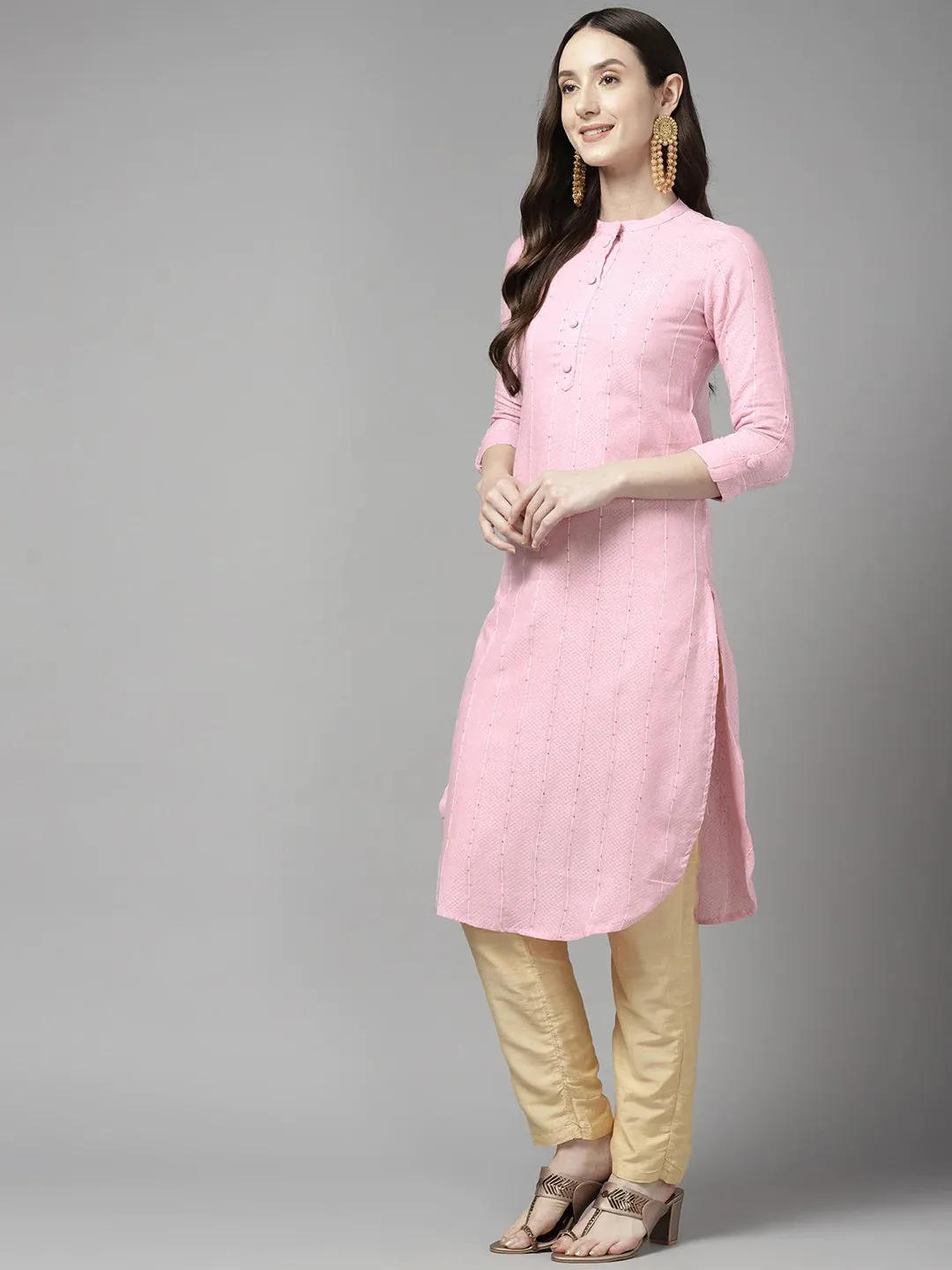 Pink Cotton Blend Striped & Sequined Detailing Kurta