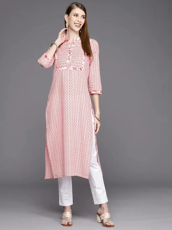 Pink Cotton Chevron Printed Kurta