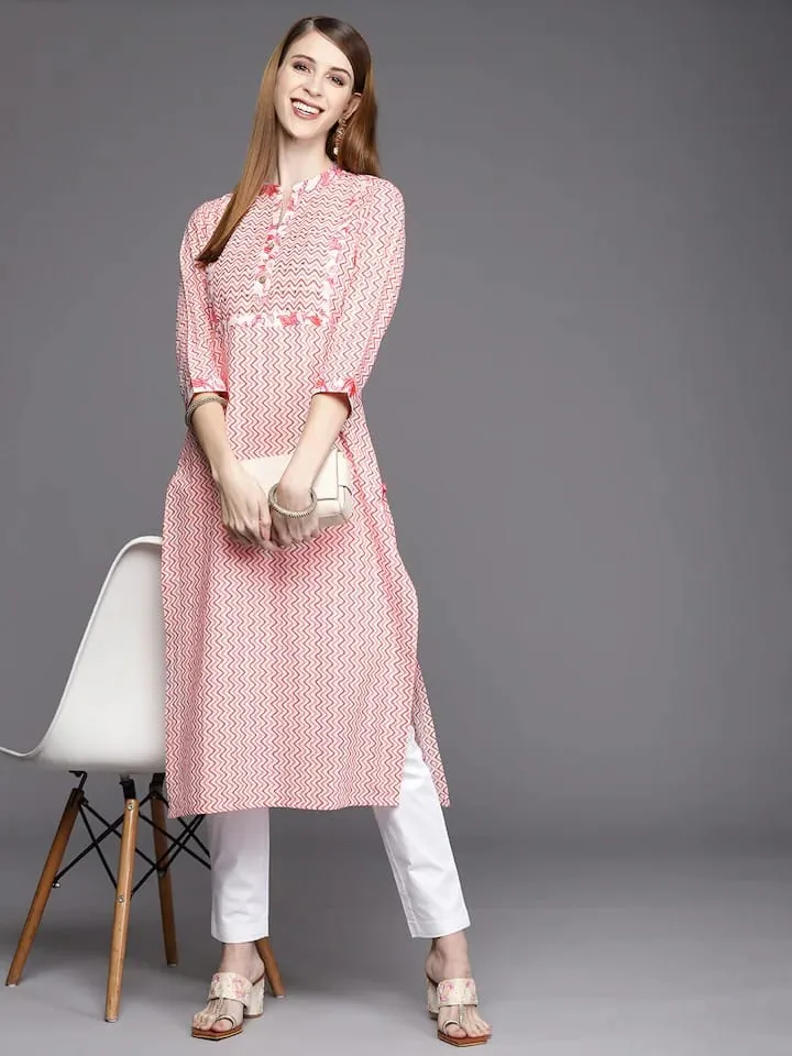 Pink Cotton Chevron Printed Kurta