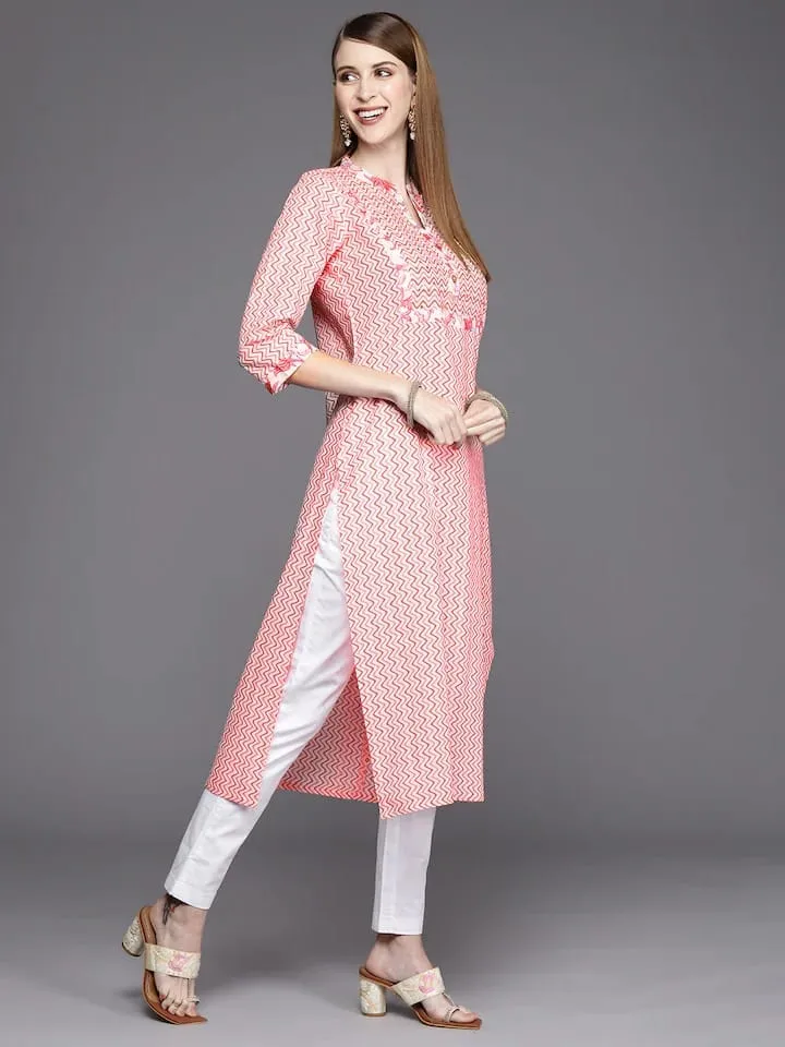 Pink Cotton Chevron Printed Kurta