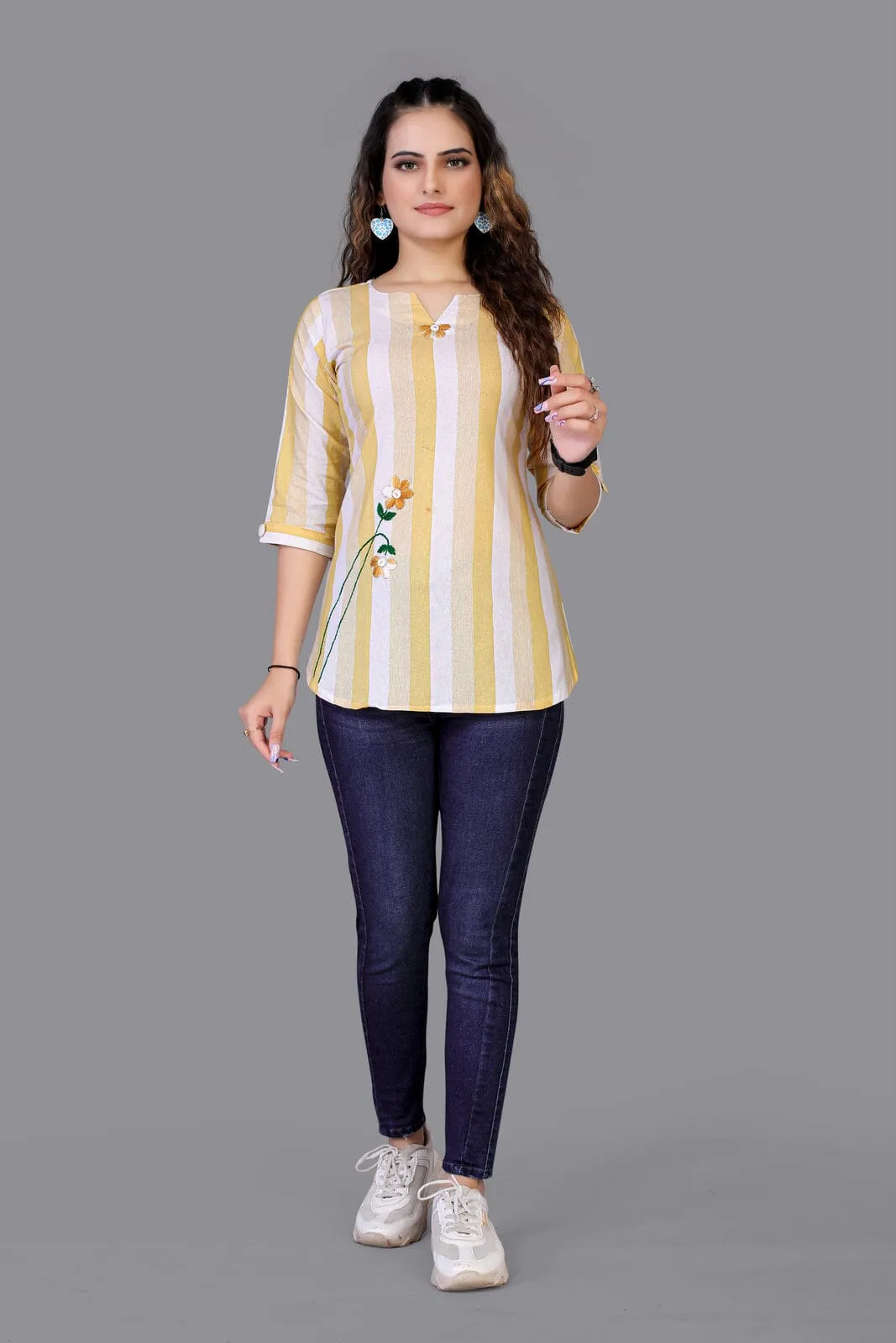 Pure cotton very Beautiful Yellow Color V-Neck Three-Quarter Sleeves Tunics for collage girl and Women