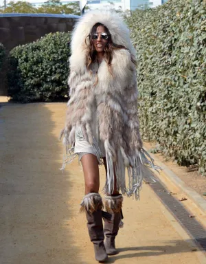 "The Emily" Cream Fringe and Fur Hooded Poncho