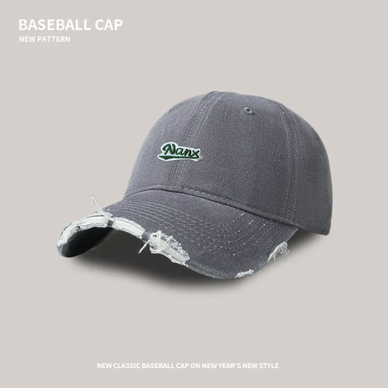 Retro Ripped Denim Baseball Hat For Female Couples, All-Match, Small, Big Head Circumference, Wide-Brimmed Peaked Cap, Trendy For Female Couples