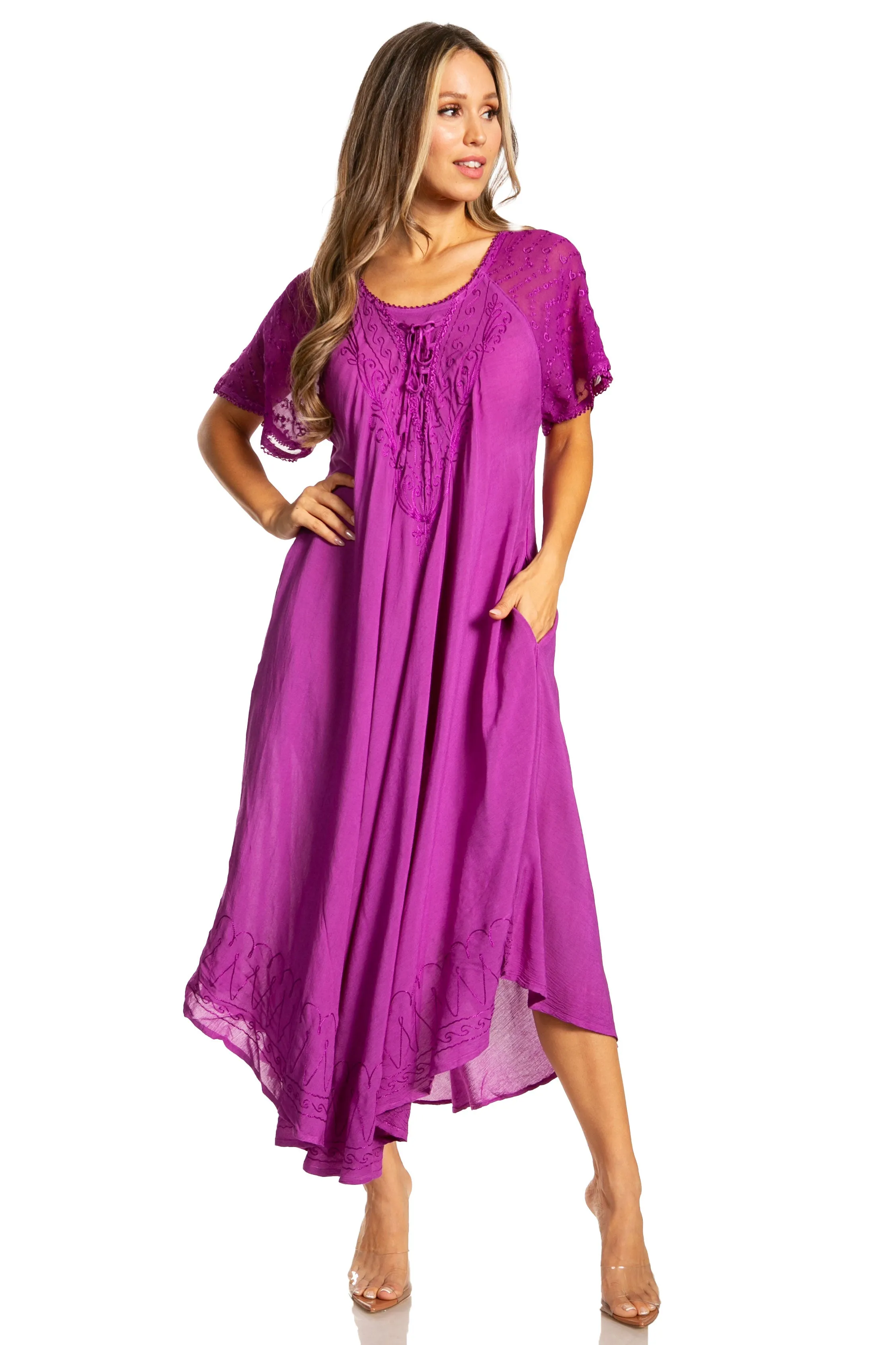 Sakkas Egan Women's Long Embroidered Caftan Dress / Cover Up With Embroidered Cap Sleeves