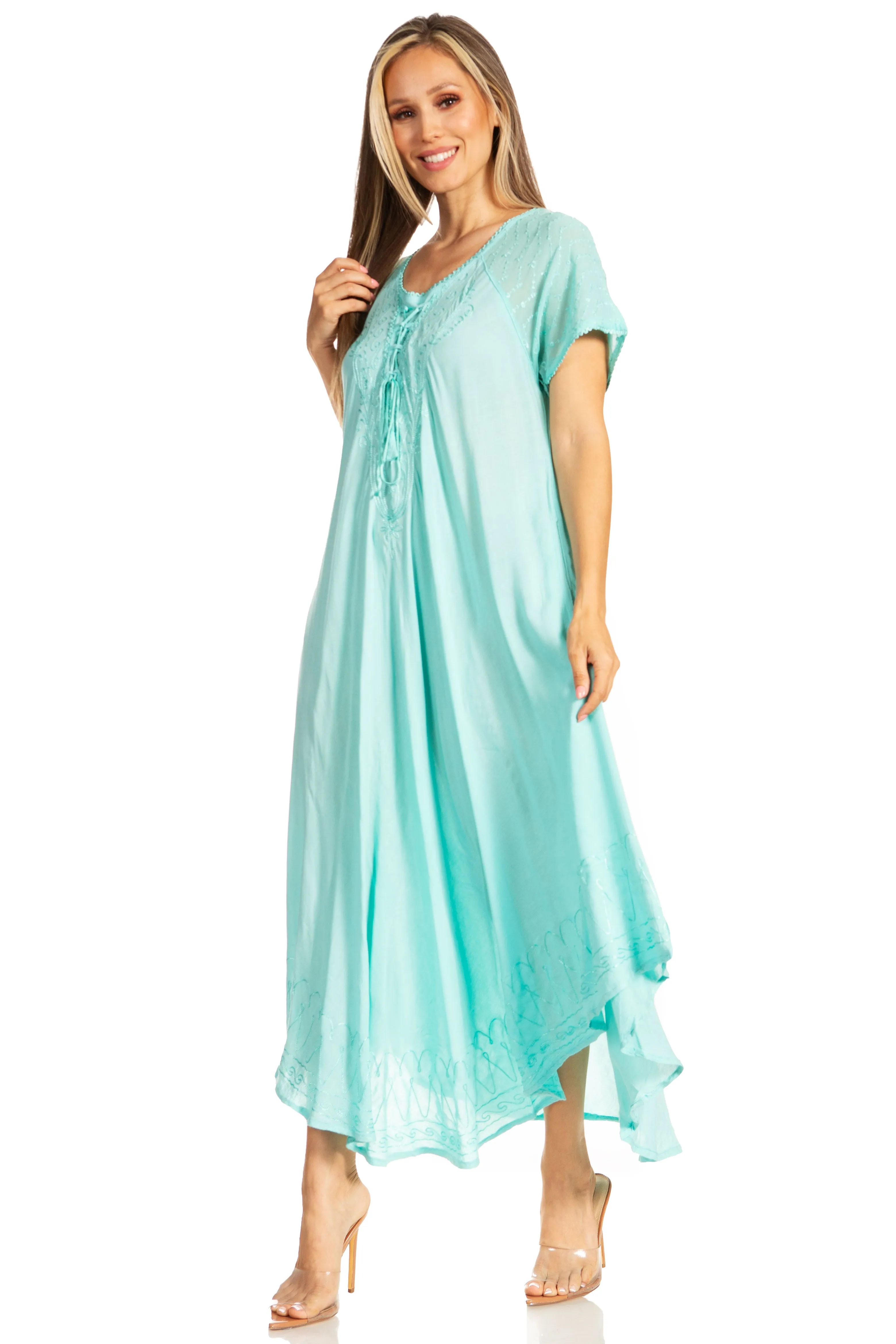 Sakkas Egan Women's Long Embroidered Caftan Dress / Cover Up With Embroidered Cap Sleeves