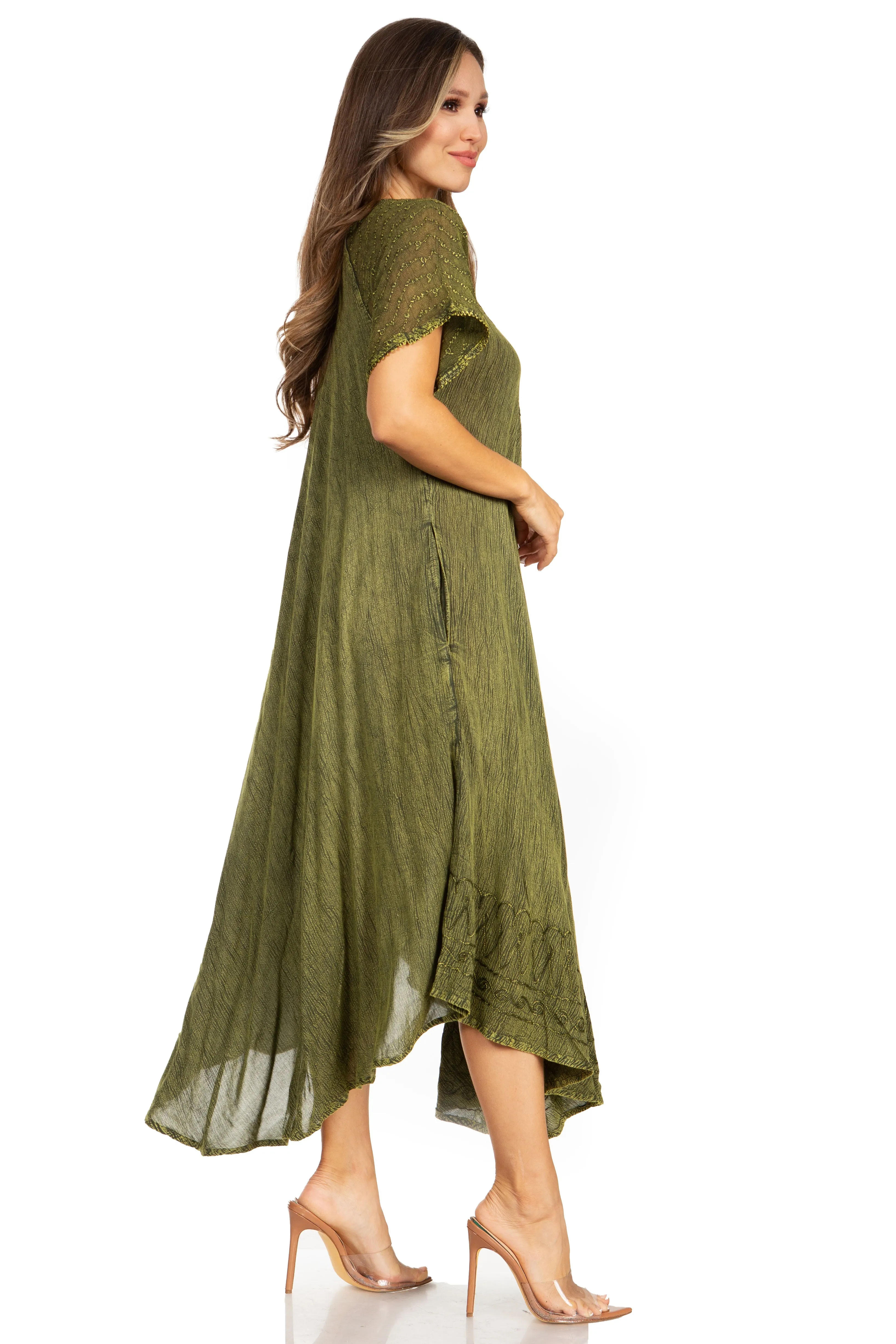 Sakkas Egan Women's Long Embroidered Caftan Dress / Cover Up With Embroidered Cap Sleeves