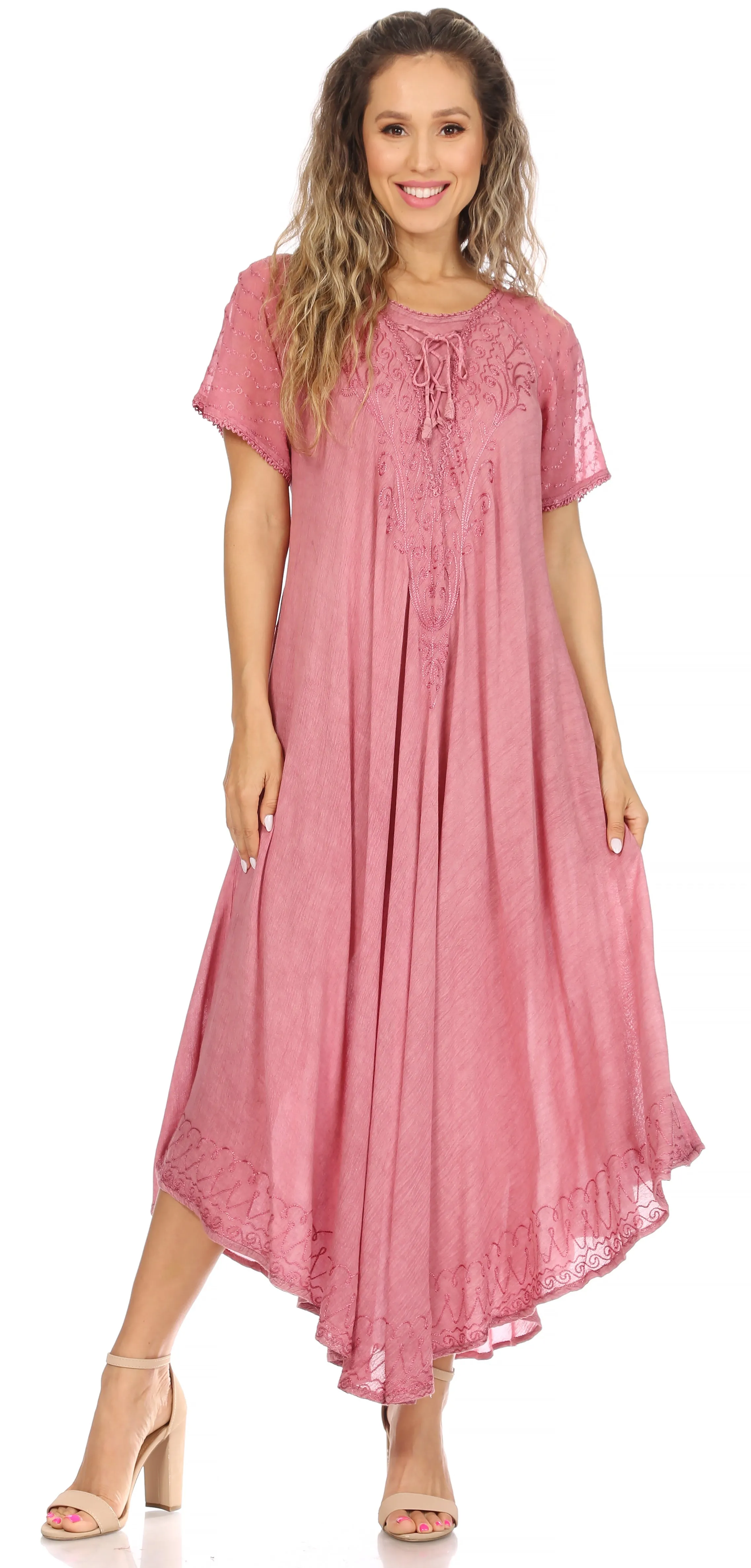 Sakkas Egan Women's Long Embroidered Caftan Dress / Cover Up With Embroidered Cap Sleeves