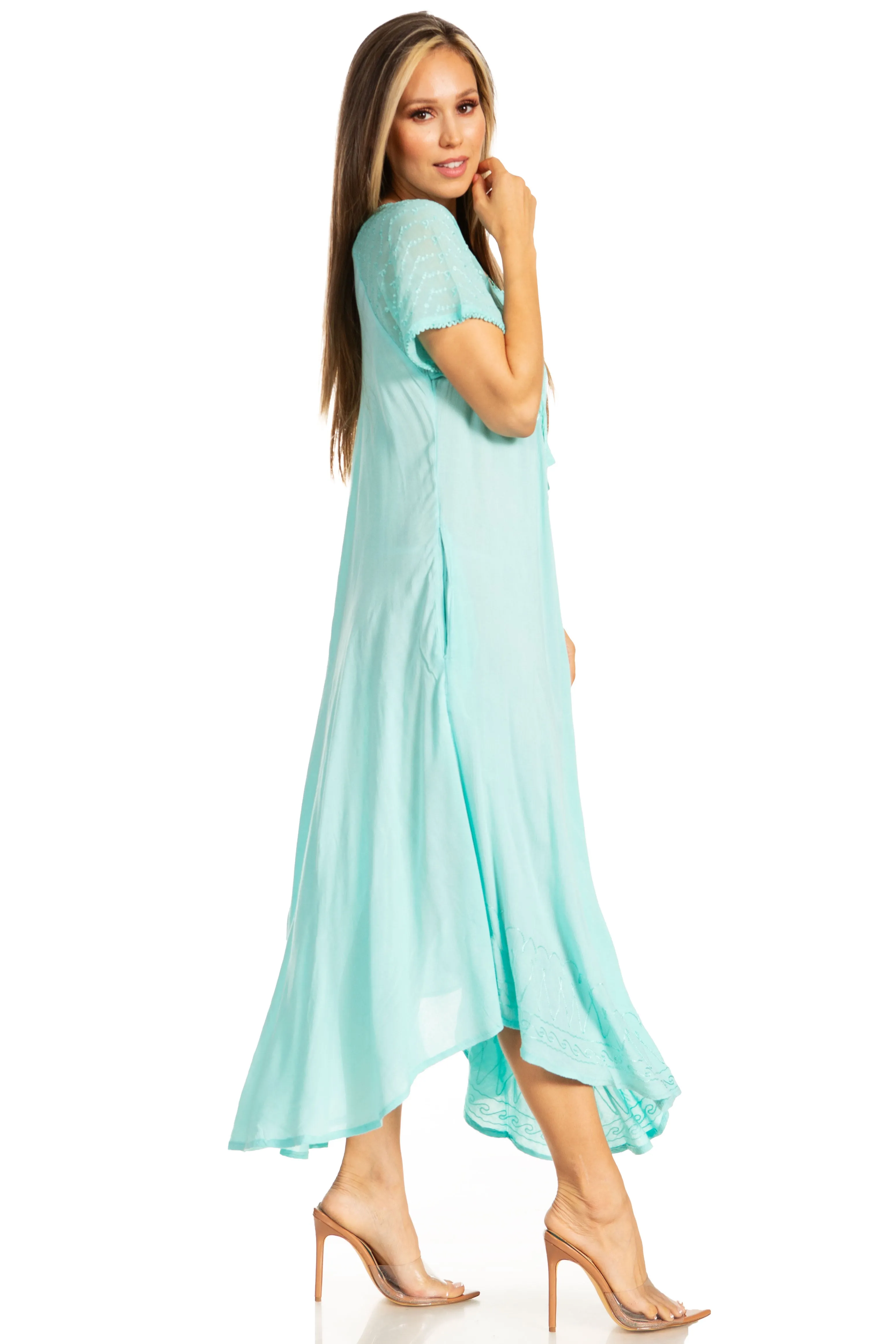 Sakkas Egan Women's Long Embroidered Caftan Dress / Cover Up With Embroidered Cap Sleeves