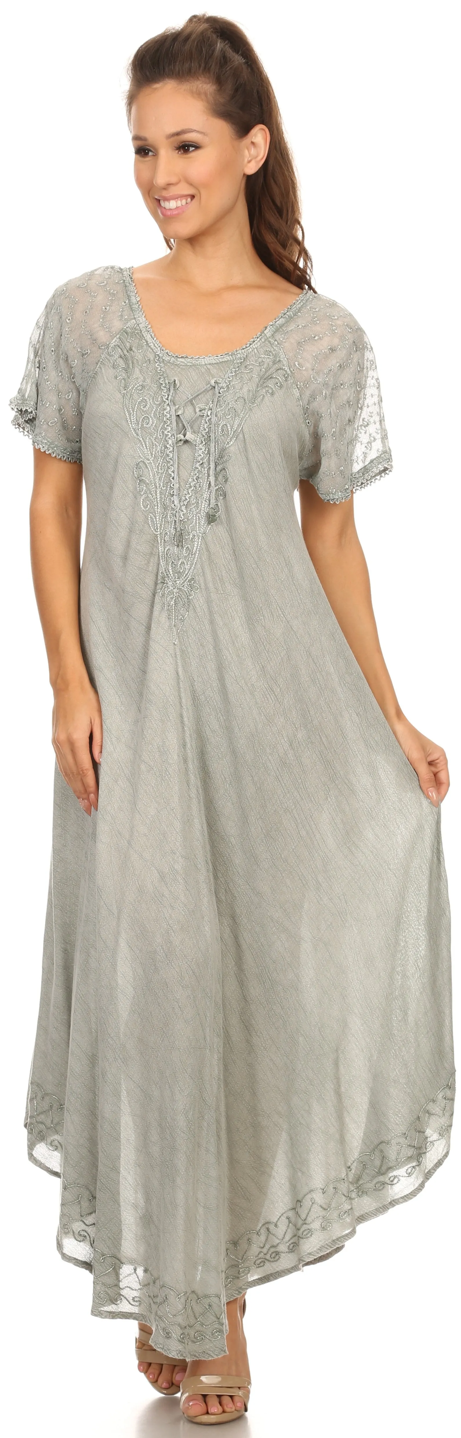 Sakkas Egan Women's Long Embroidered Caftan Dress / Cover Up With Embroidered Cap Sleeves