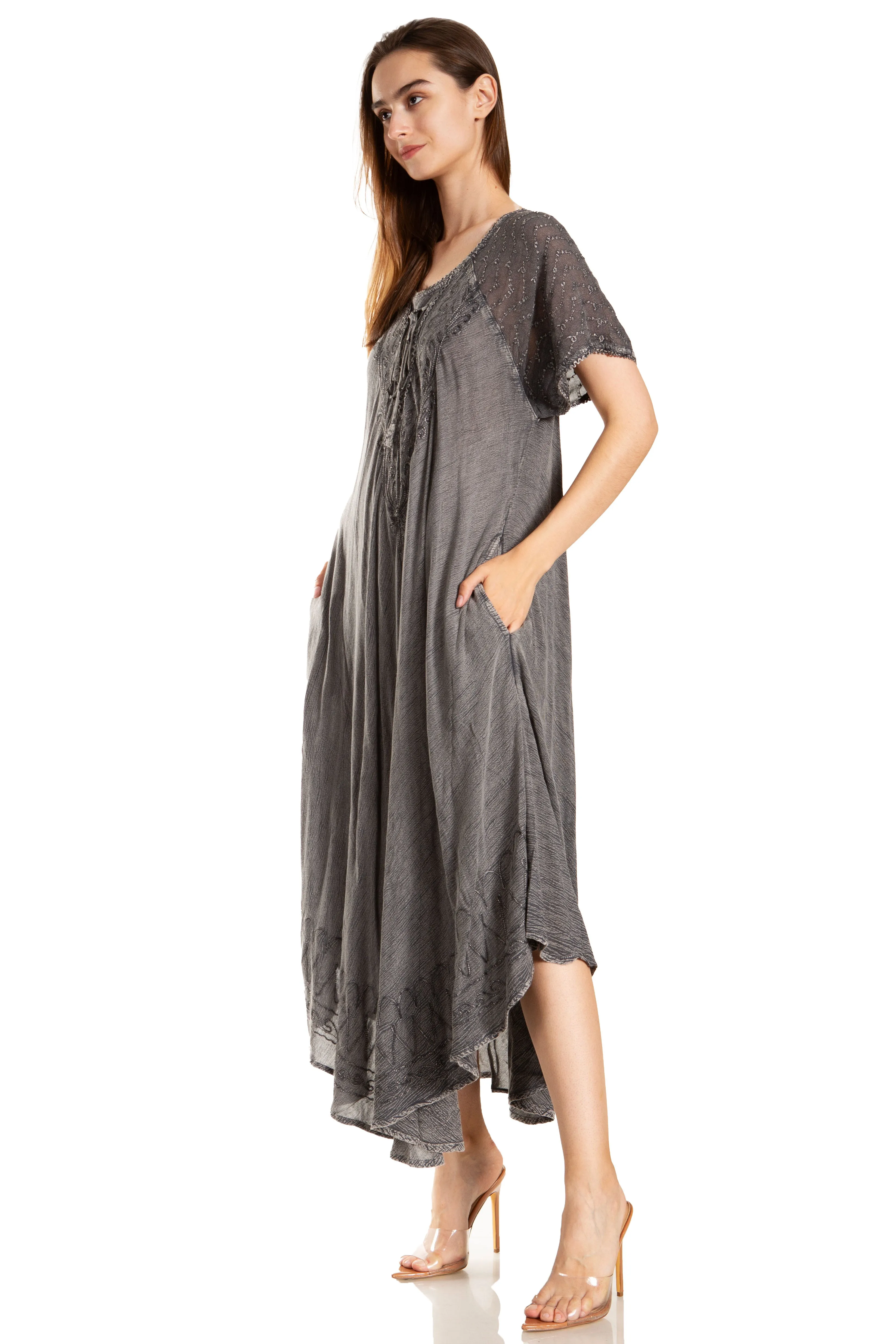 Sakkas Egan Women's Long Embroidered Caftan Dress / Cover Up With Embroidered Cap Sleeves