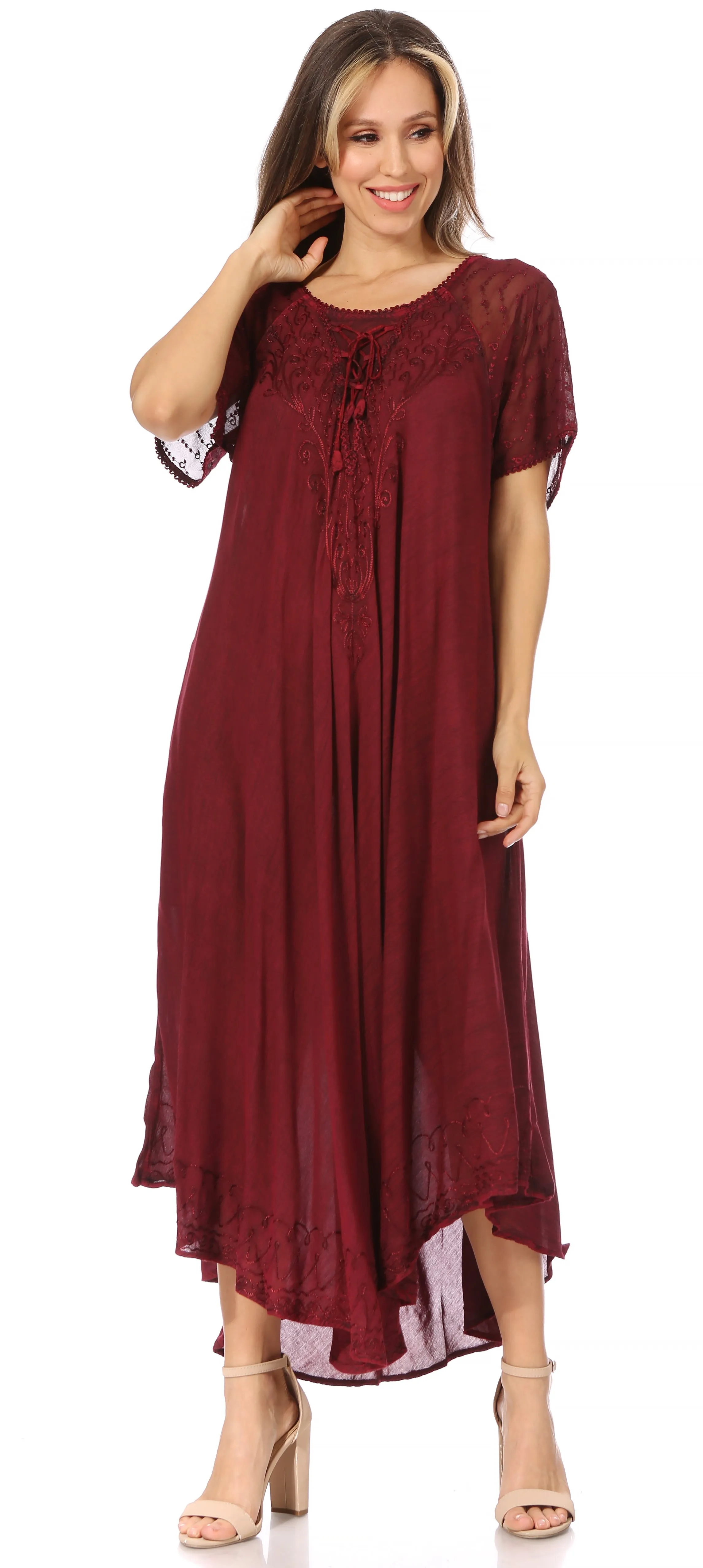 Sakkas Egan Women's Long Embroidered Caftan Dress / Cover Up With Embroidered Cap Sleeves