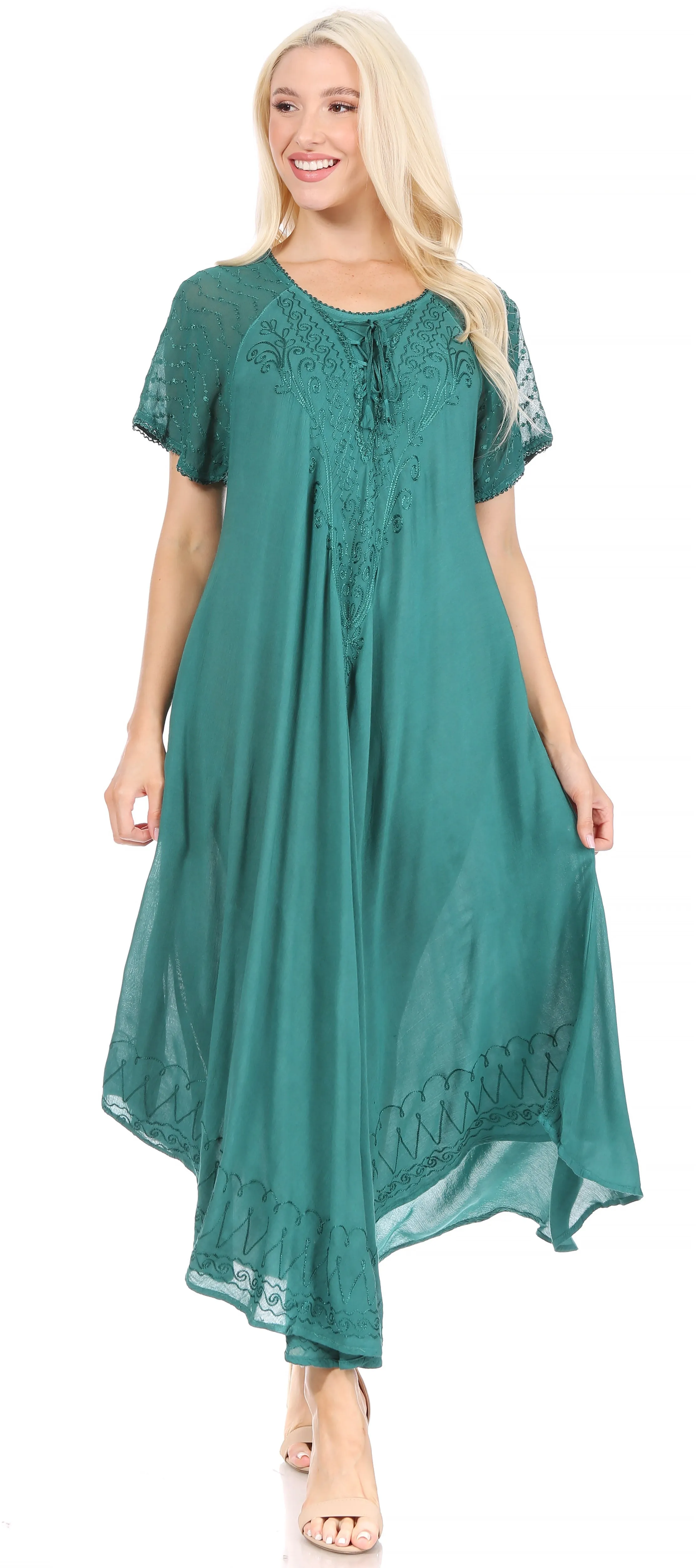 Sakkas Egan Women's Long Embroidered Caftan Dress / Cover Up With Embroidered Cap Sleeves