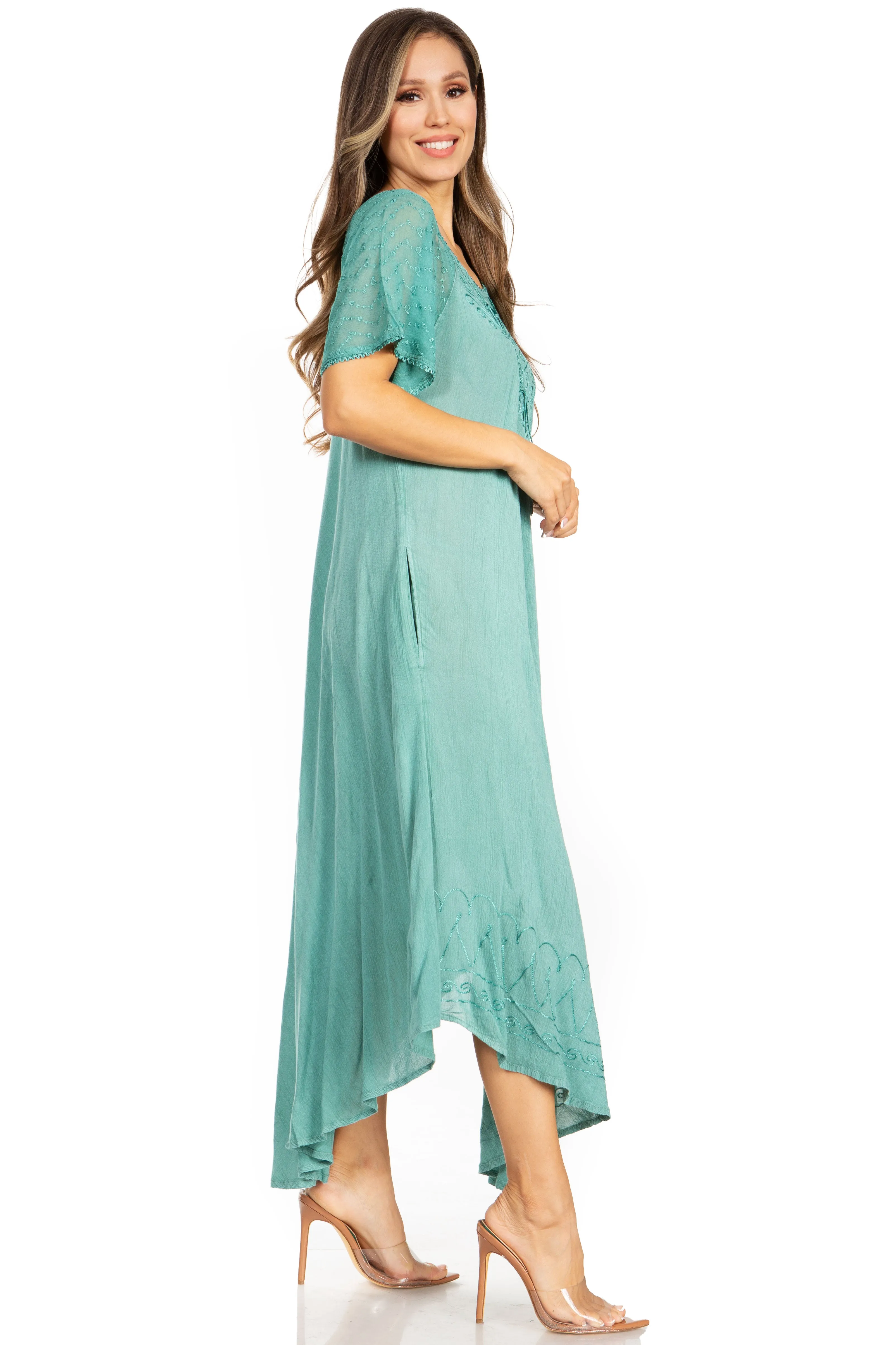 Sakkas Egan Women's Long Embroidered Caftan Dress / Cover Up With Embroidered Cap Sleeves