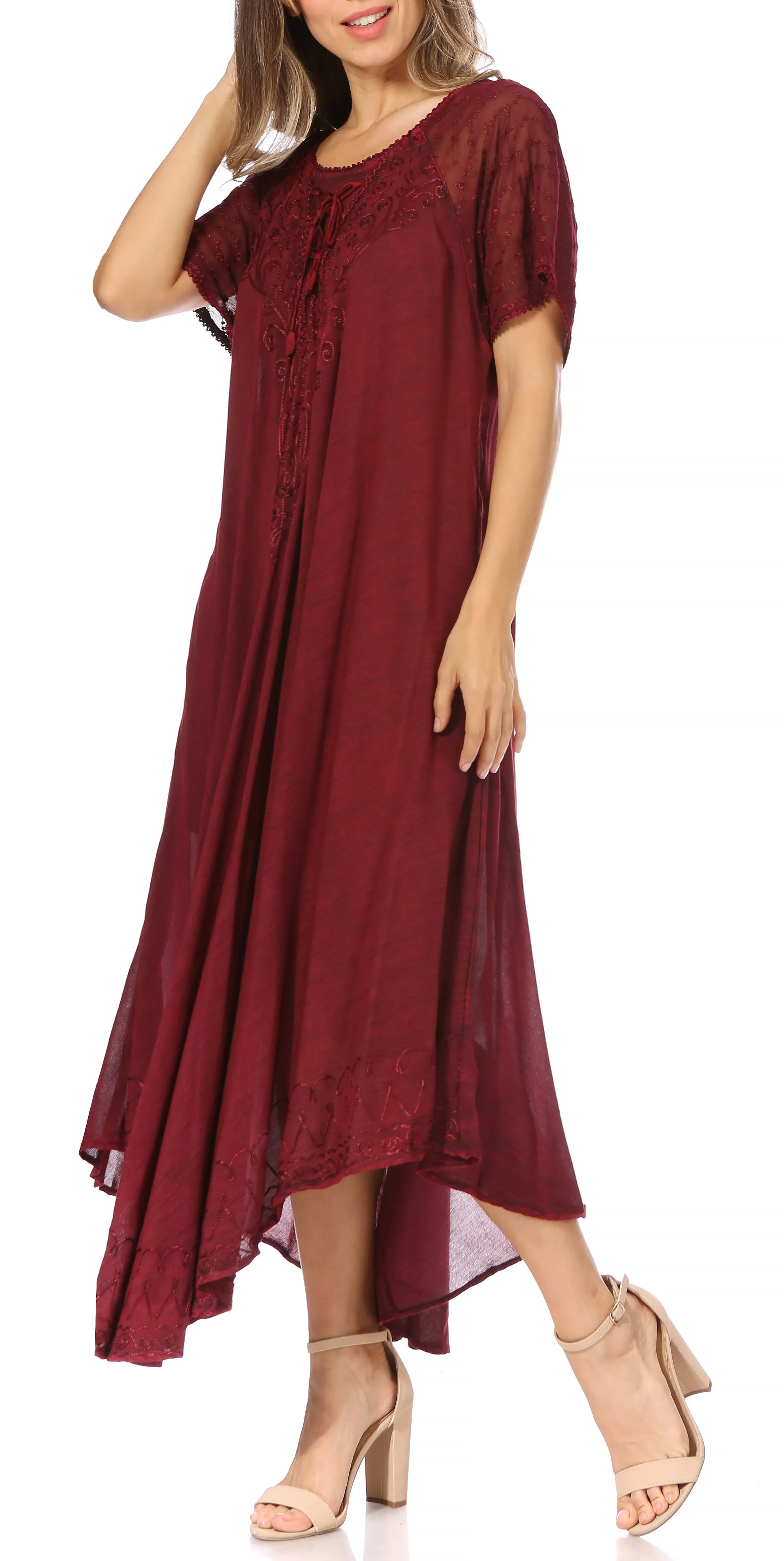 Sakkas Egan Women's Long Embroidered Caftan Dress / Cover Up With Embroidered Cap Sleeves