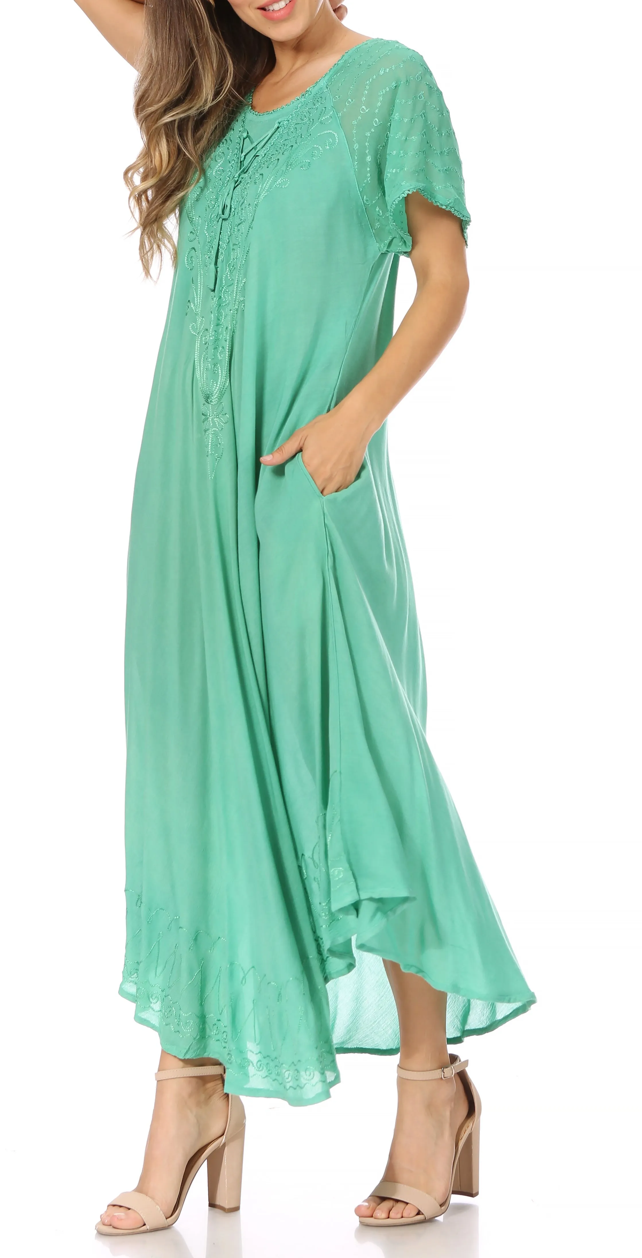 Sakkas Egan Women's Long Embroidered Caftan Dress / Cover Up With Embroidered Cap Sleeves