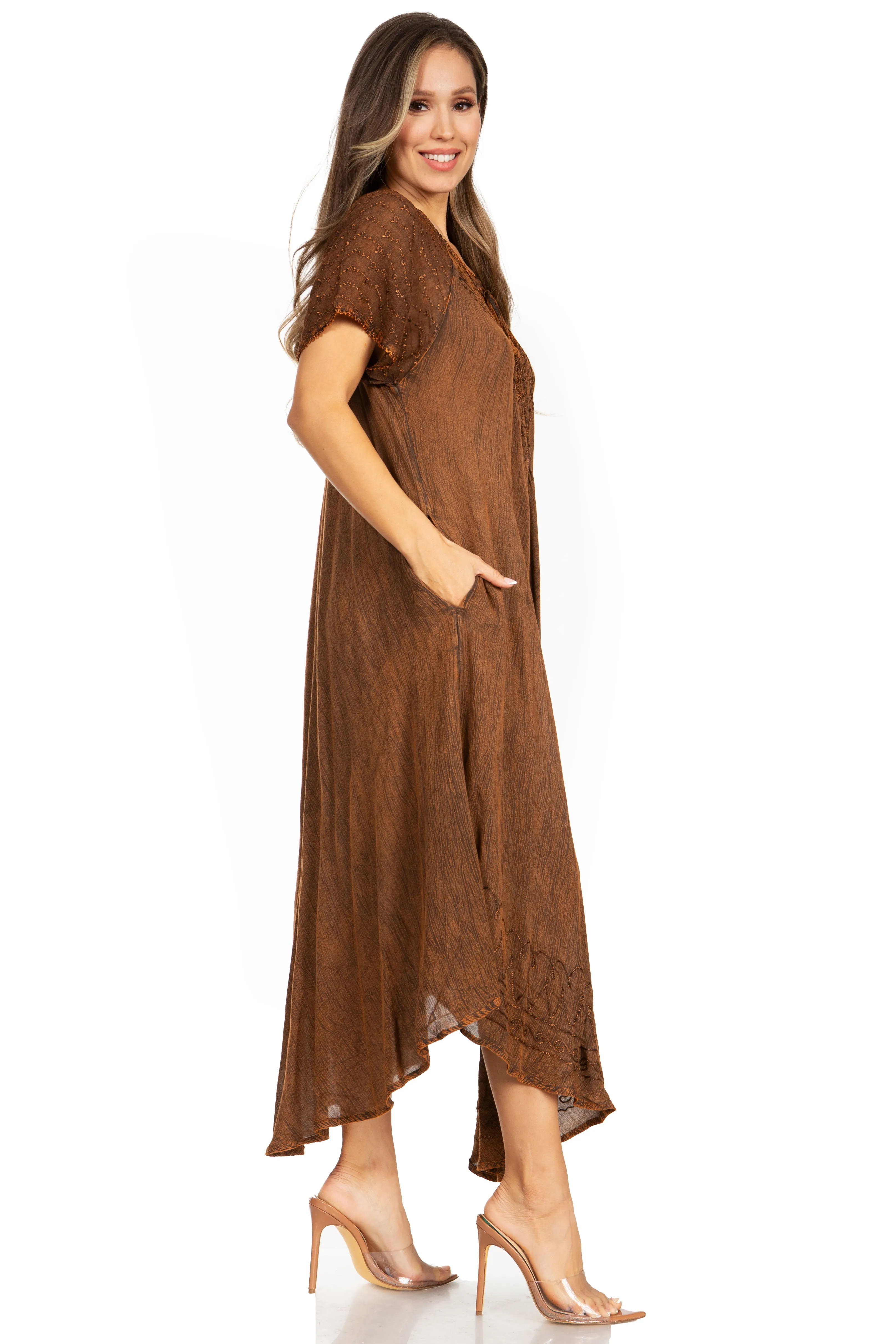 Sakkas Egan Women's Long Embroidered Caftan Dress / Cover Up With Embroidered Cap Sleeves