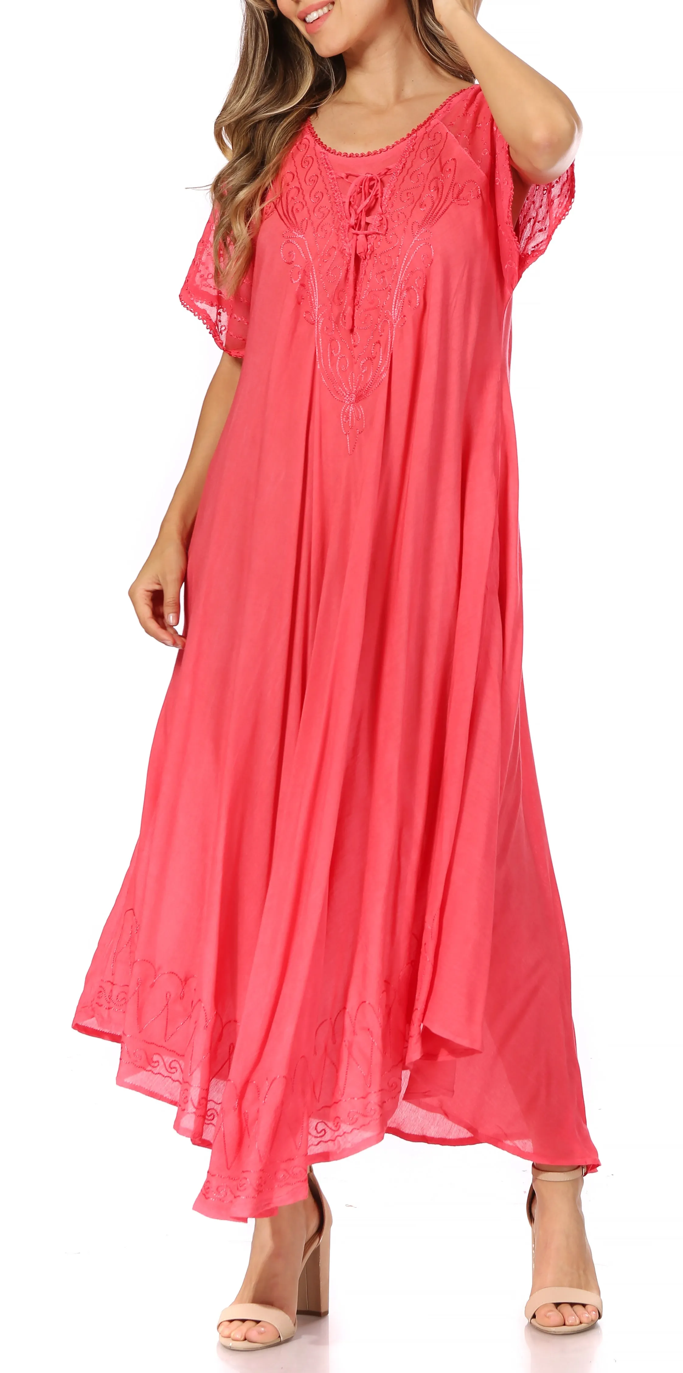 Sakkas Egan Women's Long Embroidered Caftan Dress / Cover Up With Embroidered Cap Sleeves