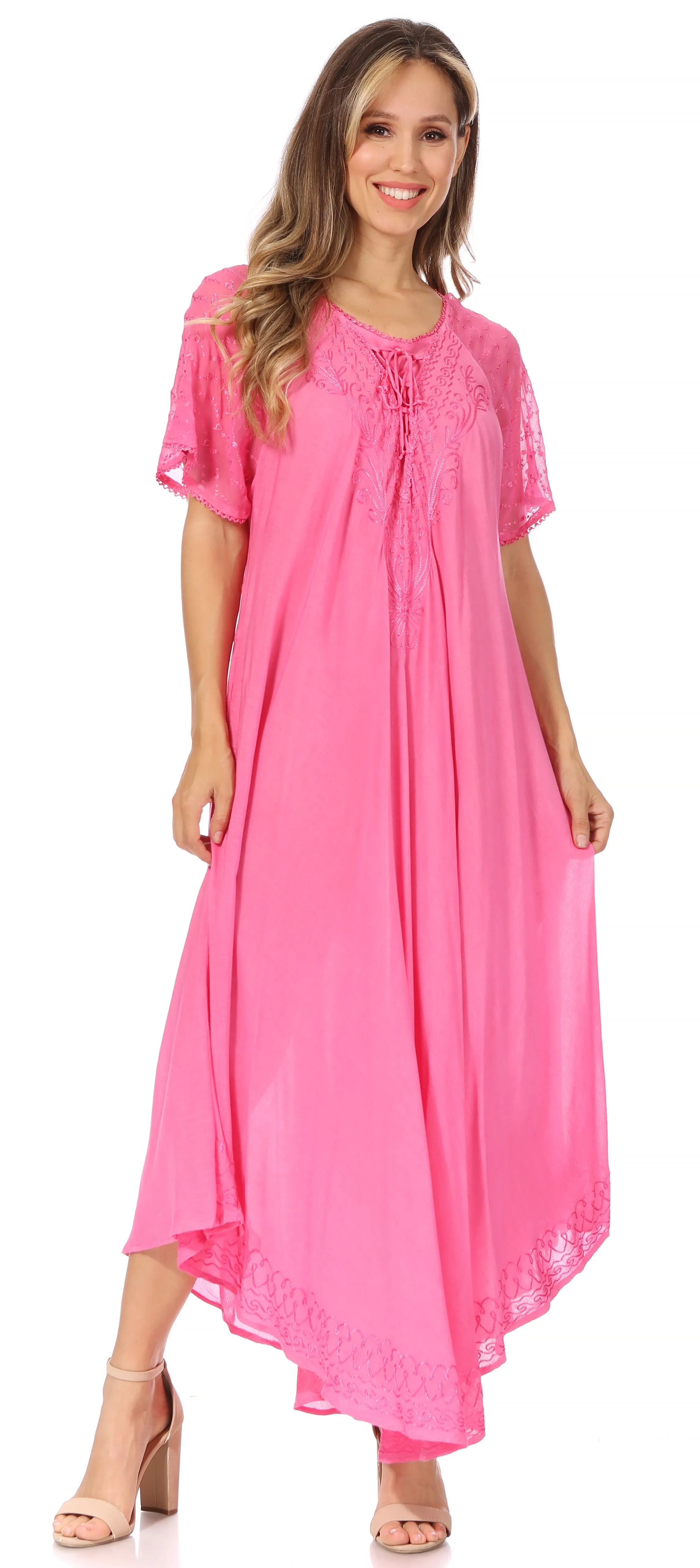 Sakkas Egan Women's Long Embroidered Caftan Dress / Cover Up With Embroidered Cap Sleeves