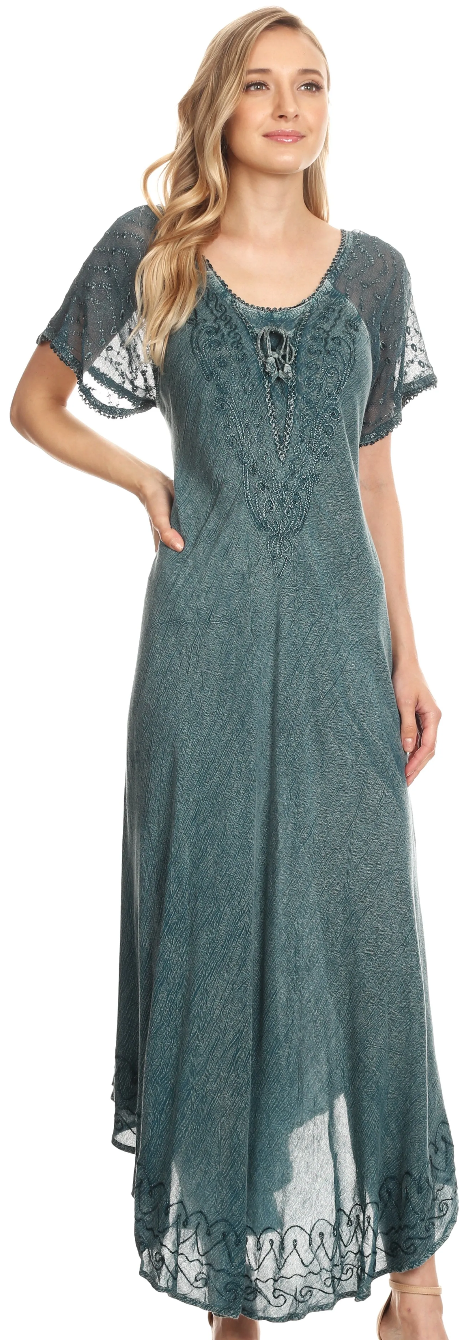 Sakkas Egan Women's Long Embroidered Caftan Dress / Cover Up With Embroidered Cap Sleeves