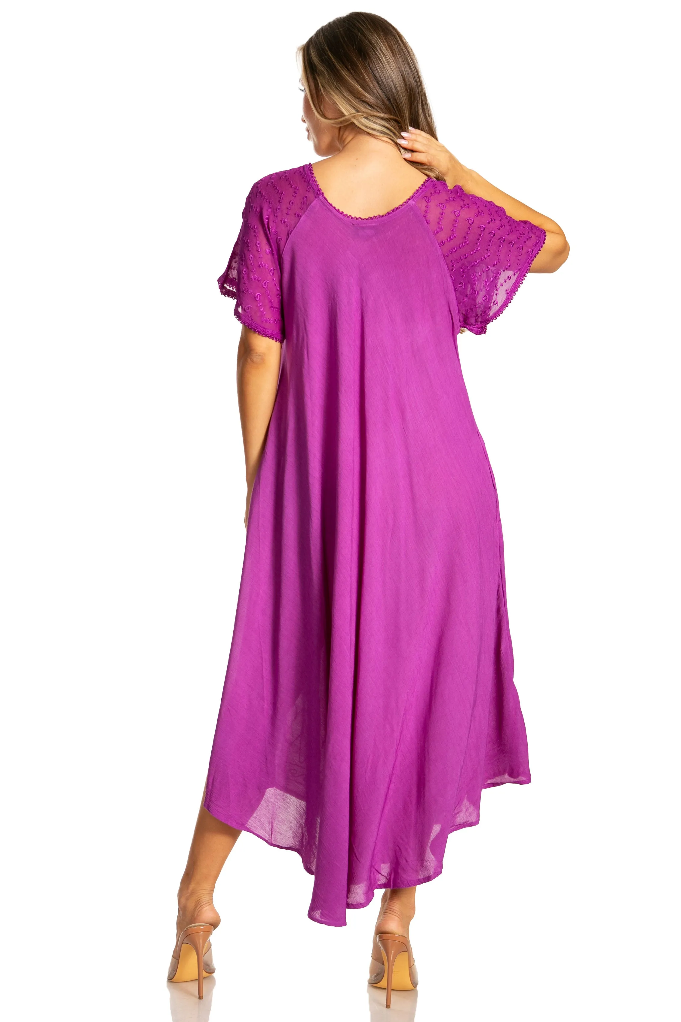 Sakkas Egan Women's Long Embroidered Caftan Dress / Cover Up With Embroidered Cap Sleeves