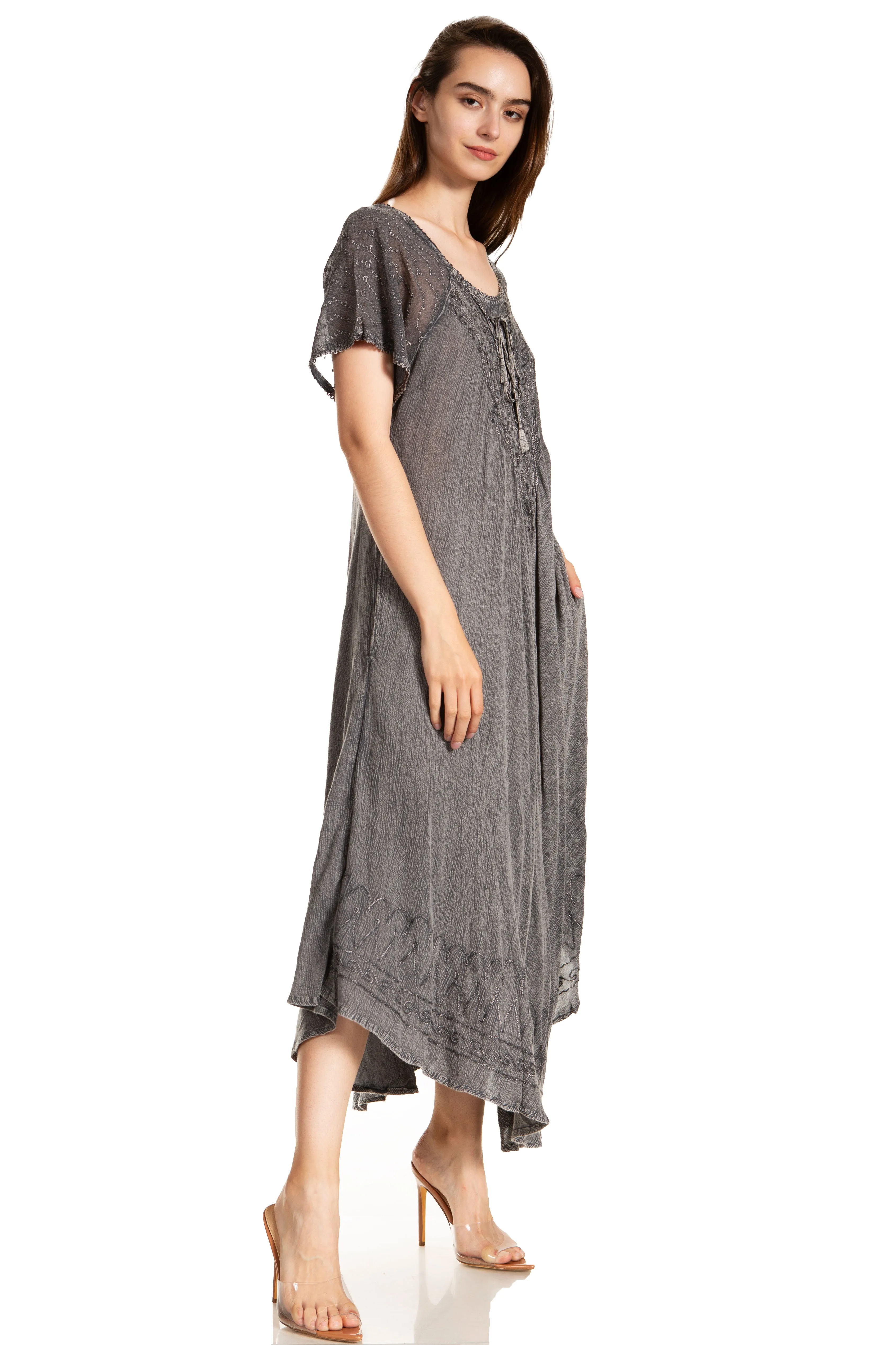 Sakkas Egan Women's Long Embroidered Caftan Dress / Cover Up With Embroidered Cap Sleeves