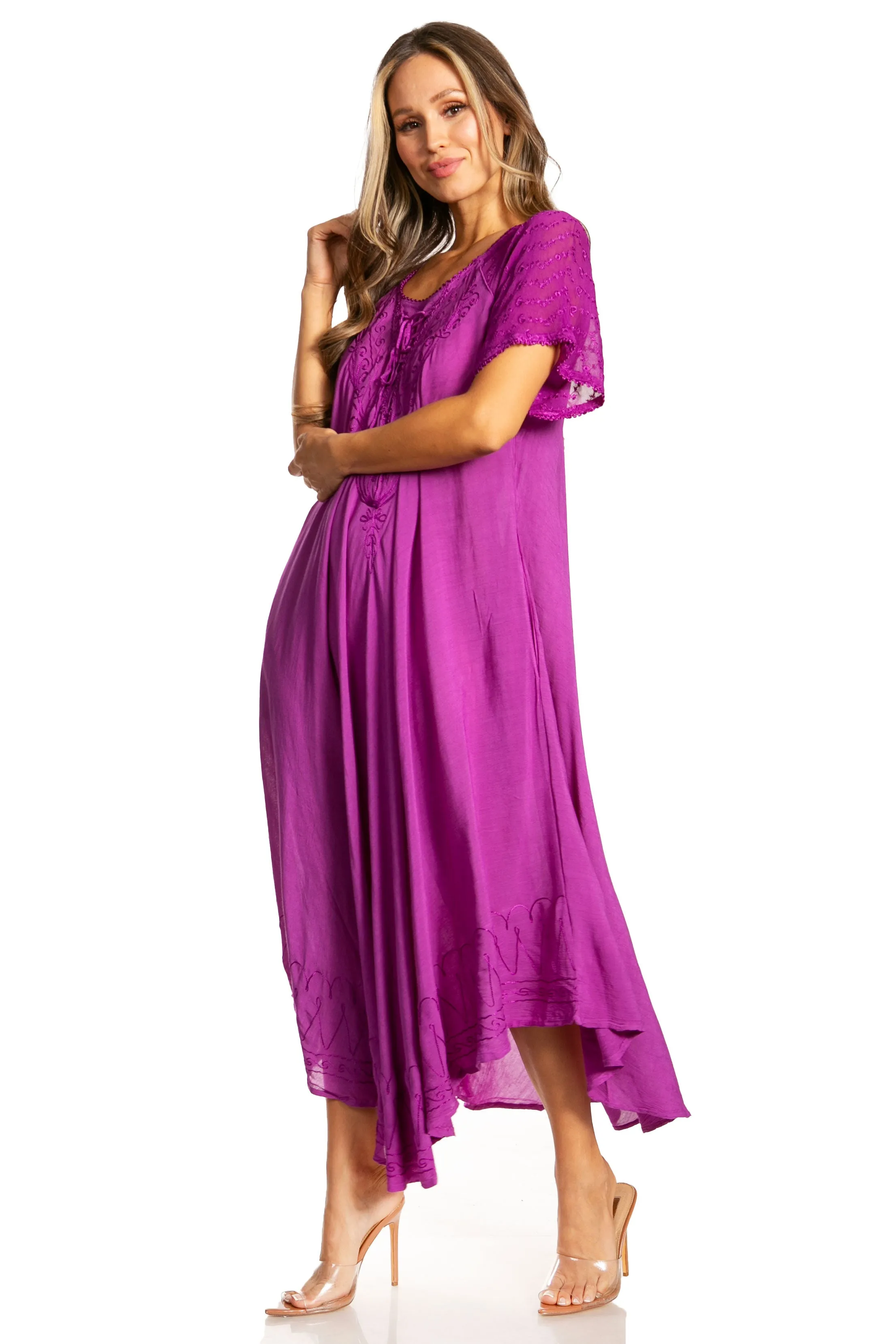 Sakkas Egan Women's Long Embroidered Caftan Dress / Cover Up With Embroidered Cap Sleeves