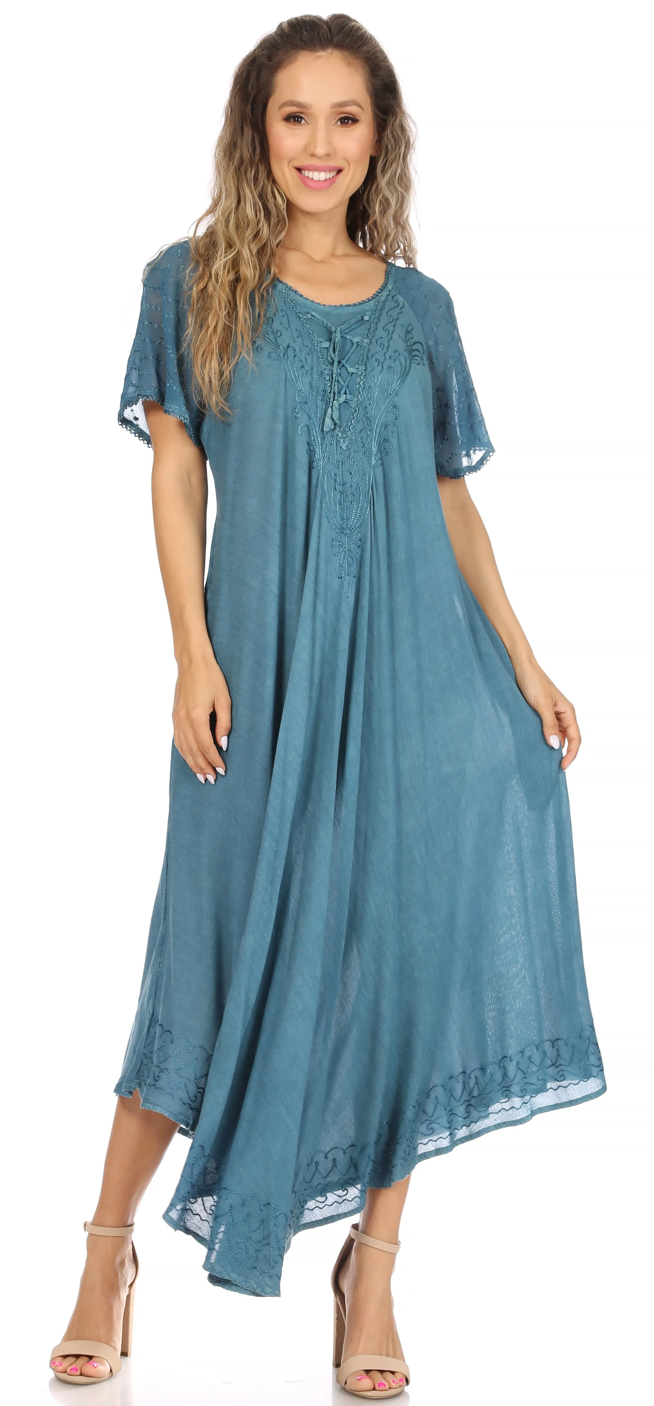 Sakkas Egan Women's Long Embroidered Caftan Dress / Cover Up With Embroidered Cap Sleeves