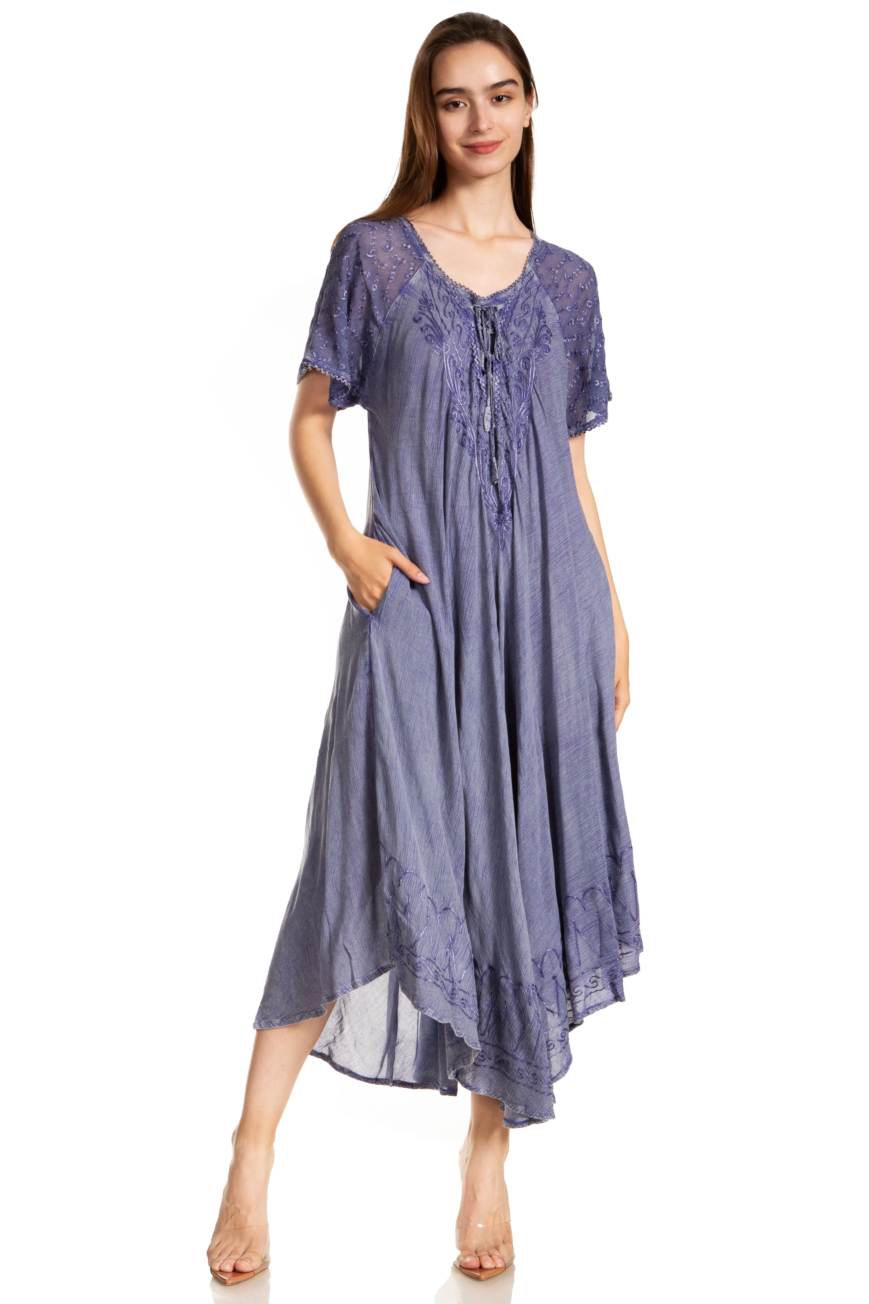 Sakkas Egan Women's Long Embroidered Caftan Dress / Cover Up With Embroidered Cap Sleeves