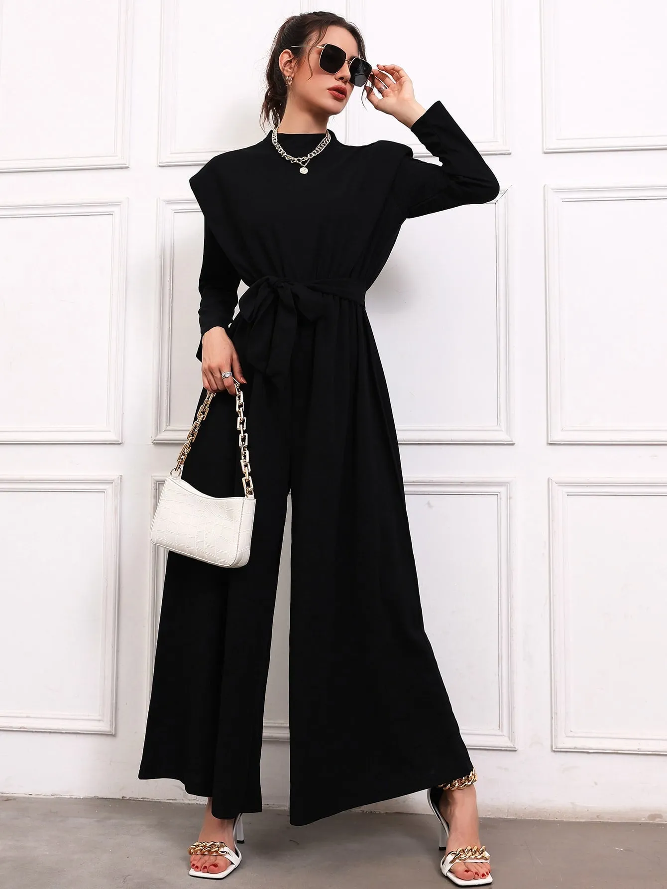 Shoulder Pads Belted Wide Leg Jumpsuit