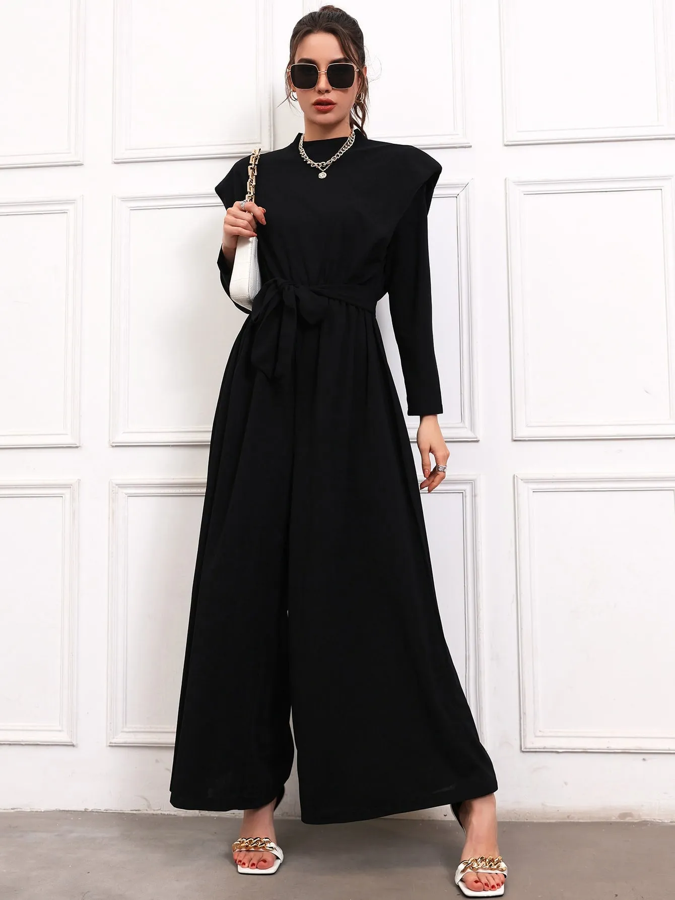 Shoulder Pads Belted Wide Leg Jumpsuit