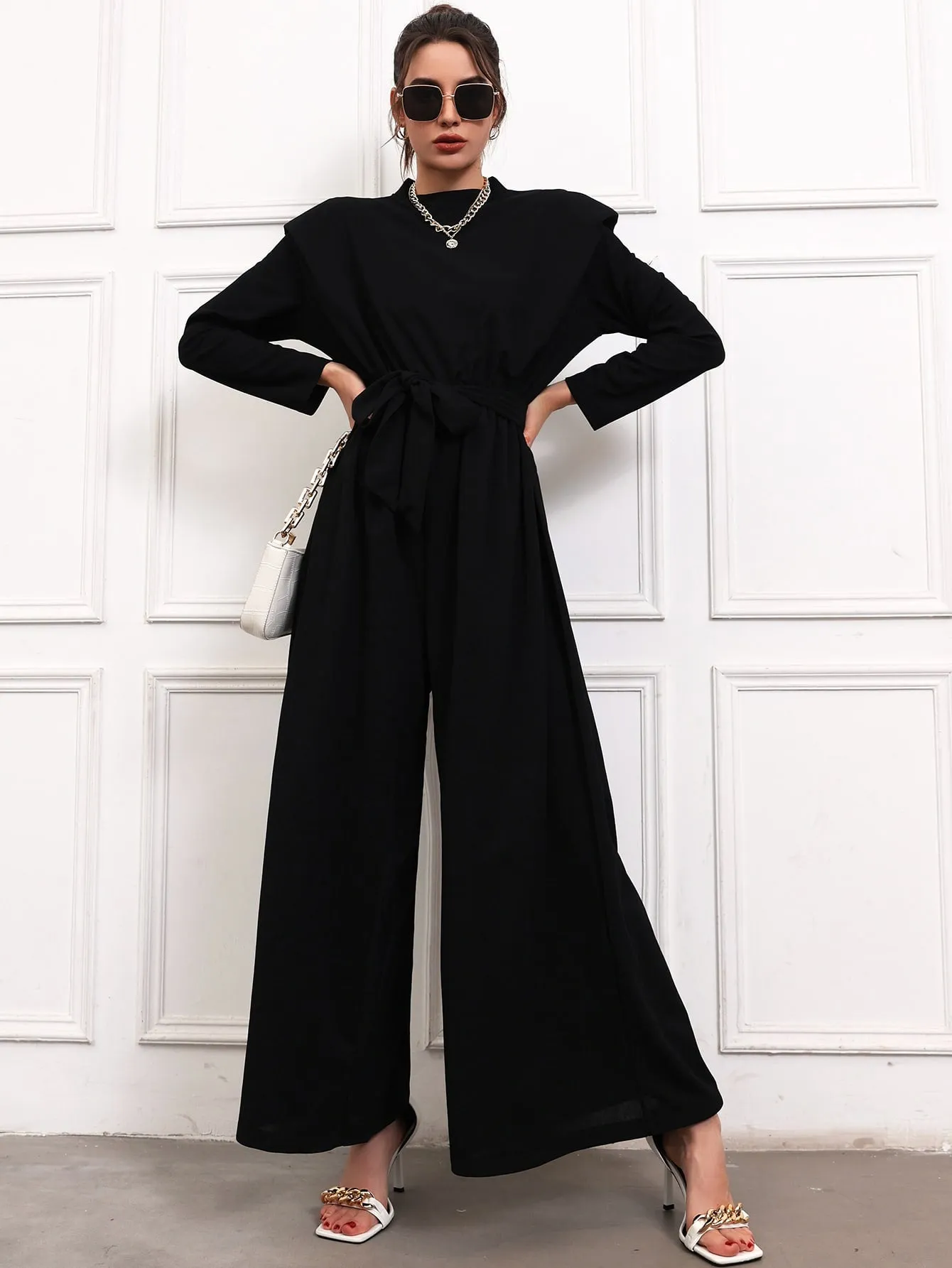 Shoulder Pads Belted Wide Leg Jumpsuit