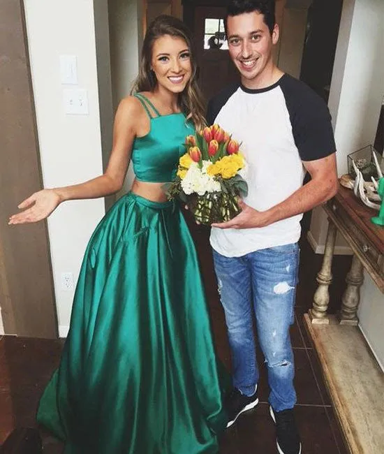 Simple Two Pieces Long Green Prom Dresses, Green Evening Dresses