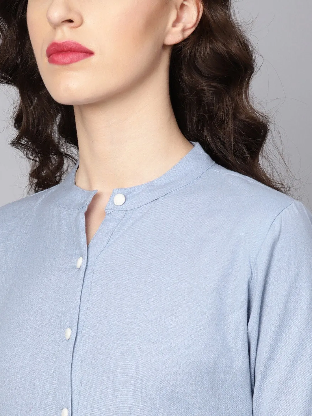 Solid Ice Blue Tired Tunic With Madarin Collar & 3/4 Sleeves