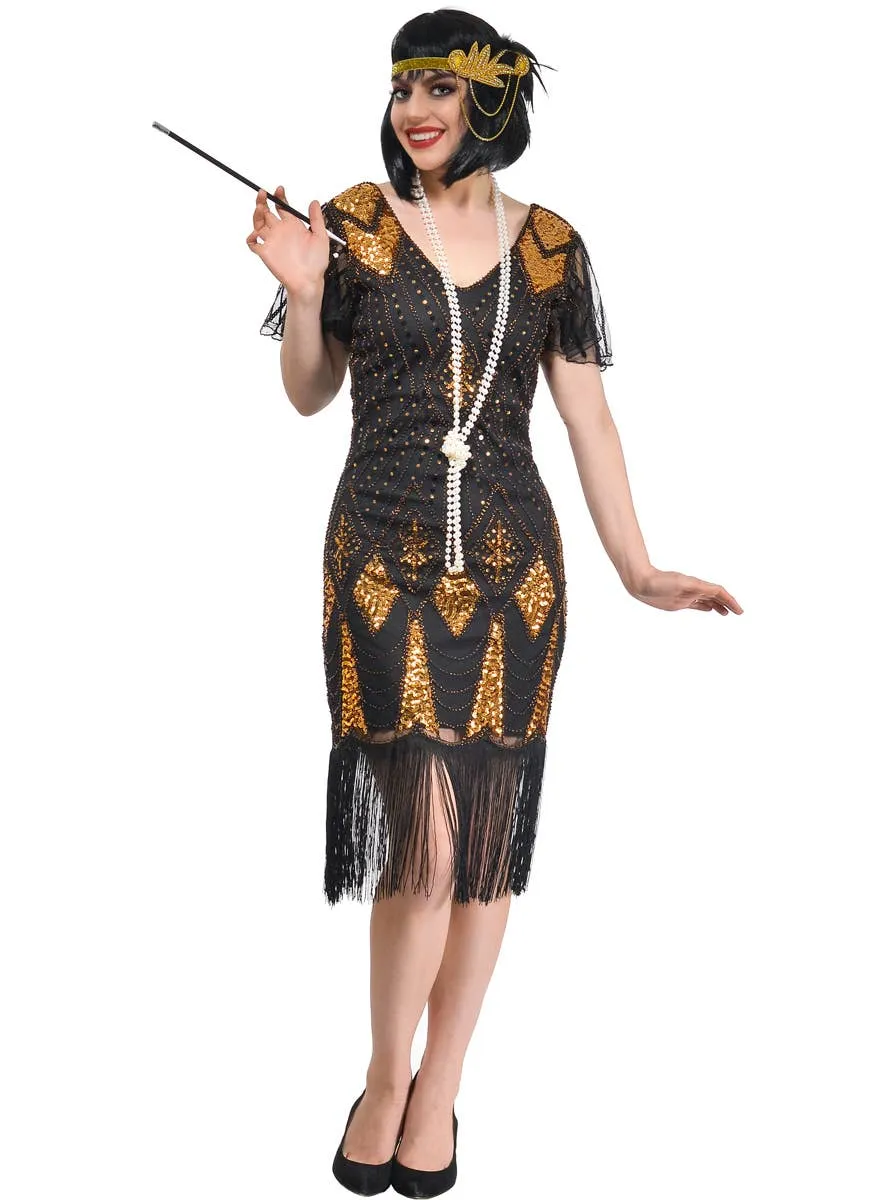 Sparkly Black and Gold Deluxe Womens Great Gatsby Costume