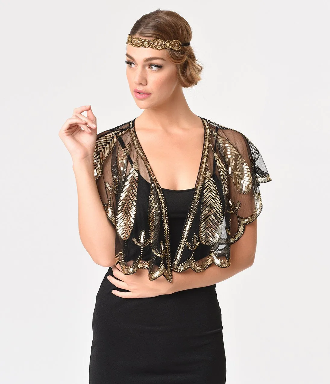 Unique Vintage 1920s Black Mesh & Gold Sequin Flapper Capelet