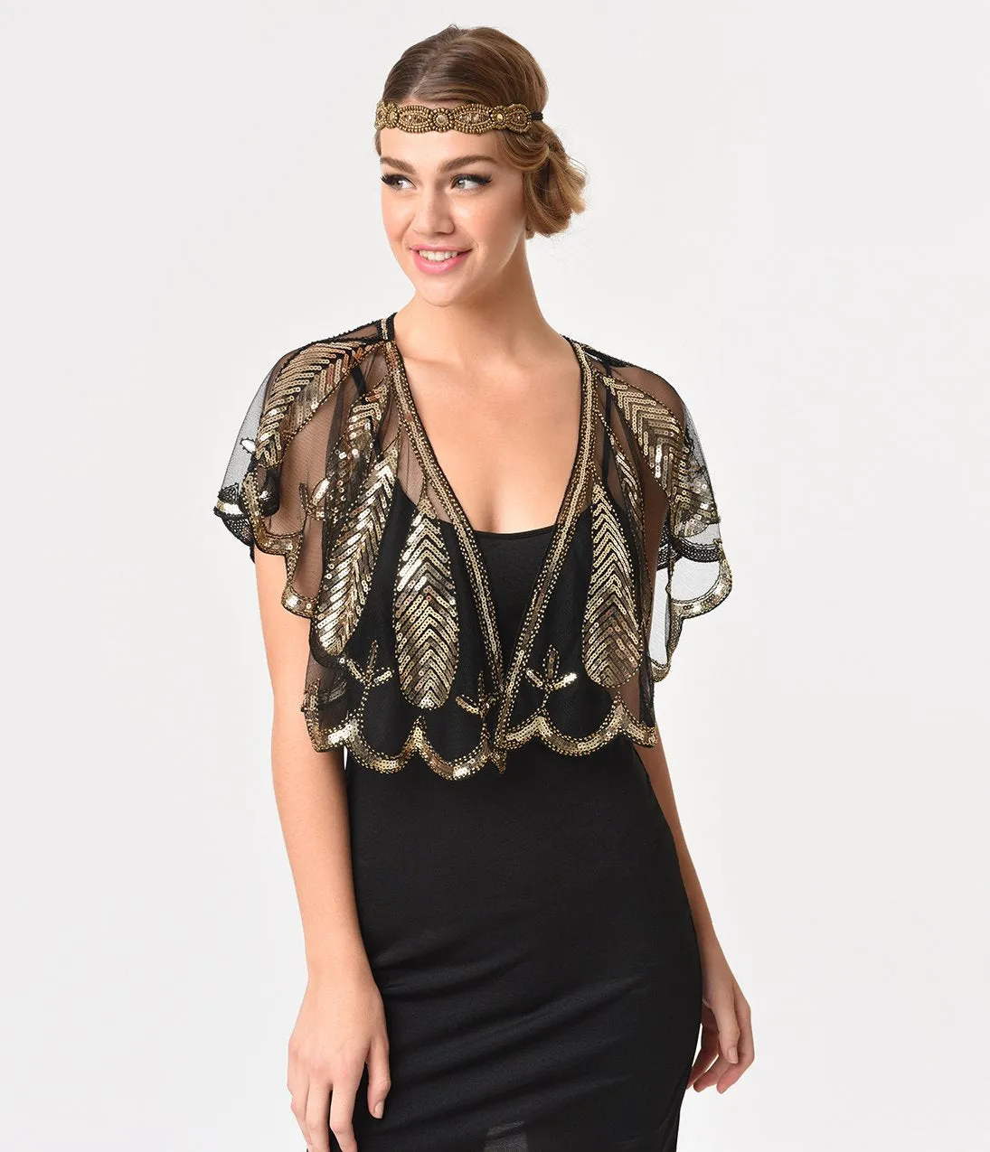 Unique Vintage 1920s Black Mesh & Gold Sequin Flapper Capelet