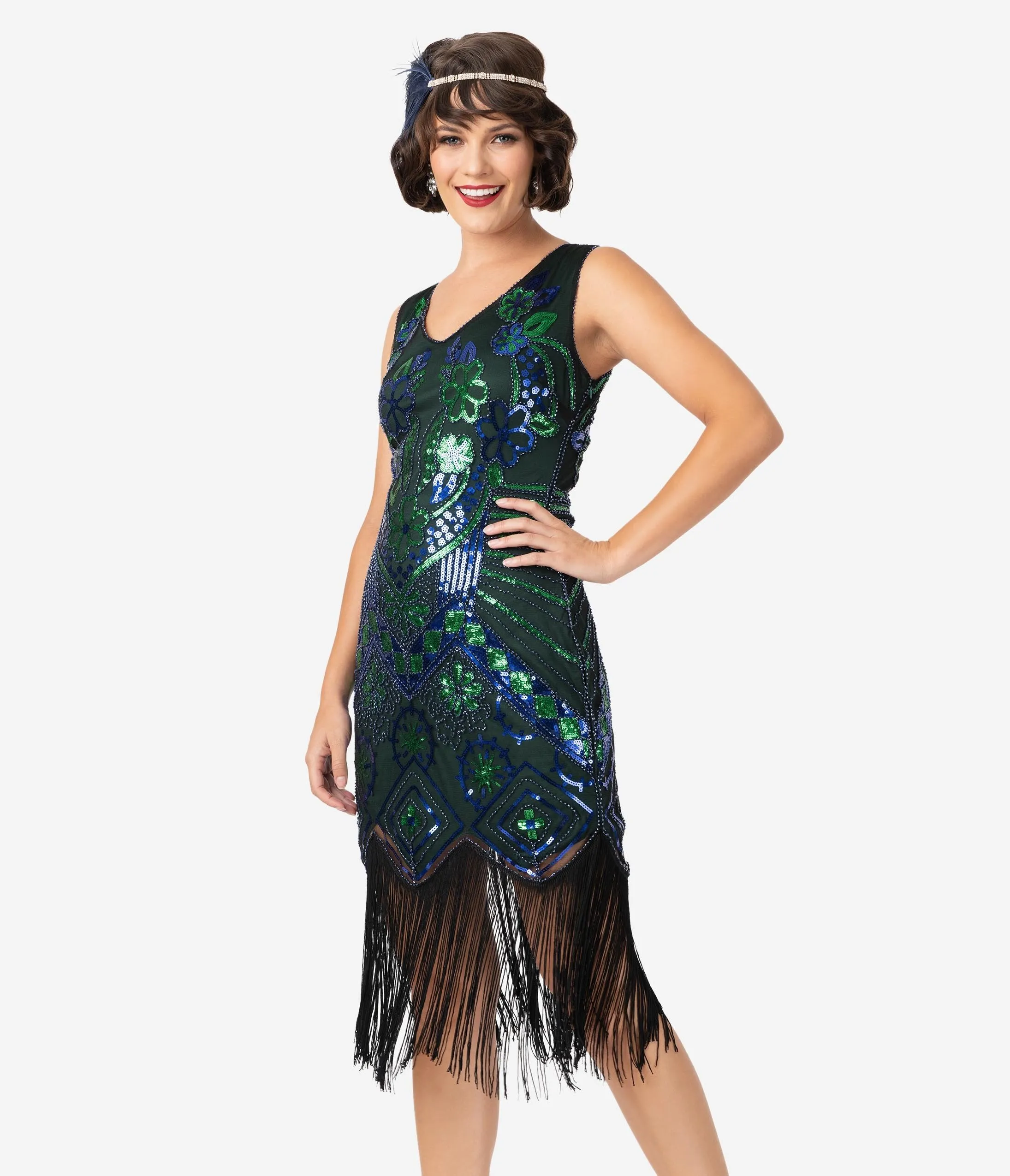 Unique Vintage 1920s Emerald & Royal Blue Beaded Fringe Charvelle Flapper Dress