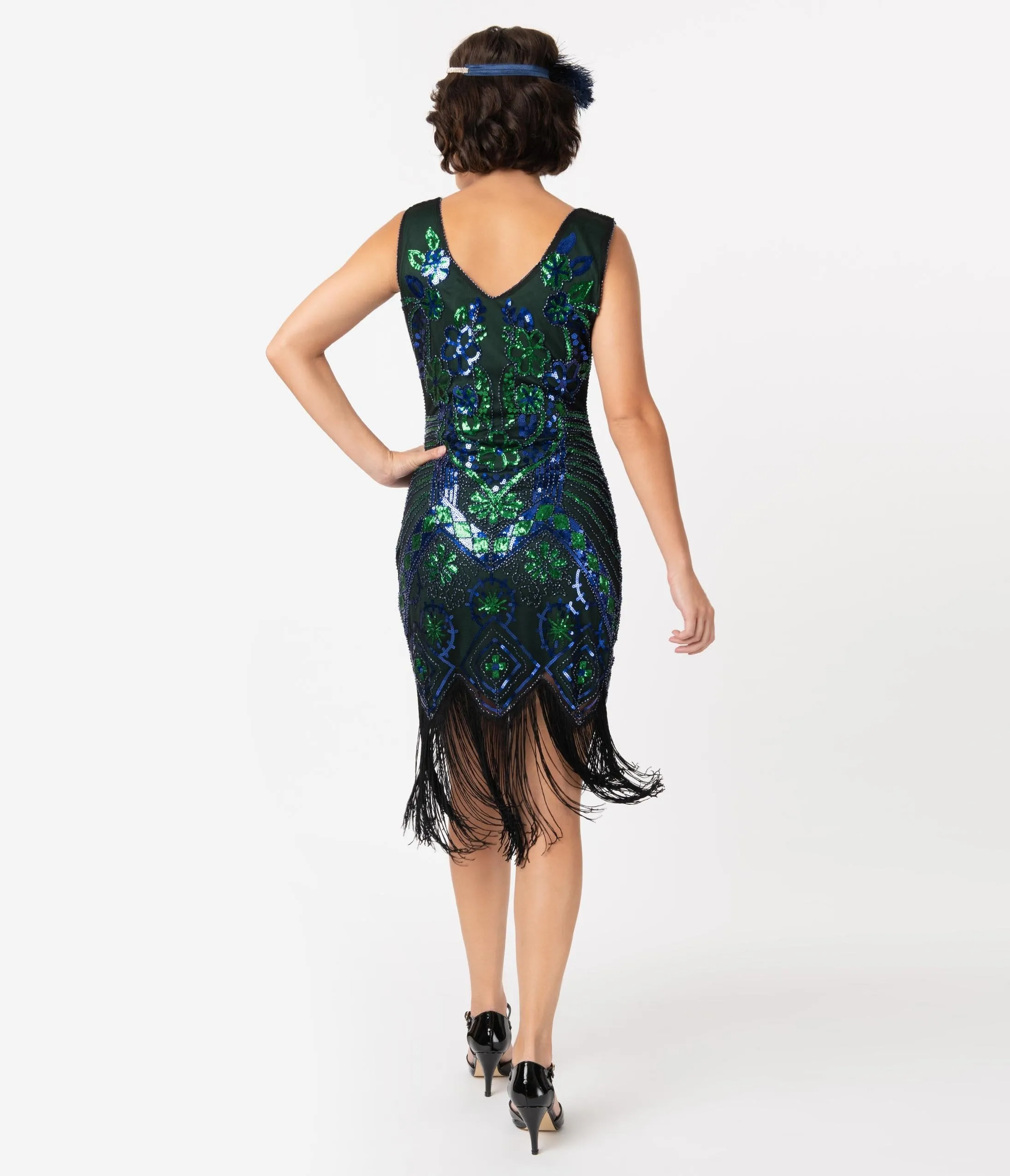 Unique Vintage 1920s Emerald & Royal Blue Beaded Fringe Charvelle Flapper Dress