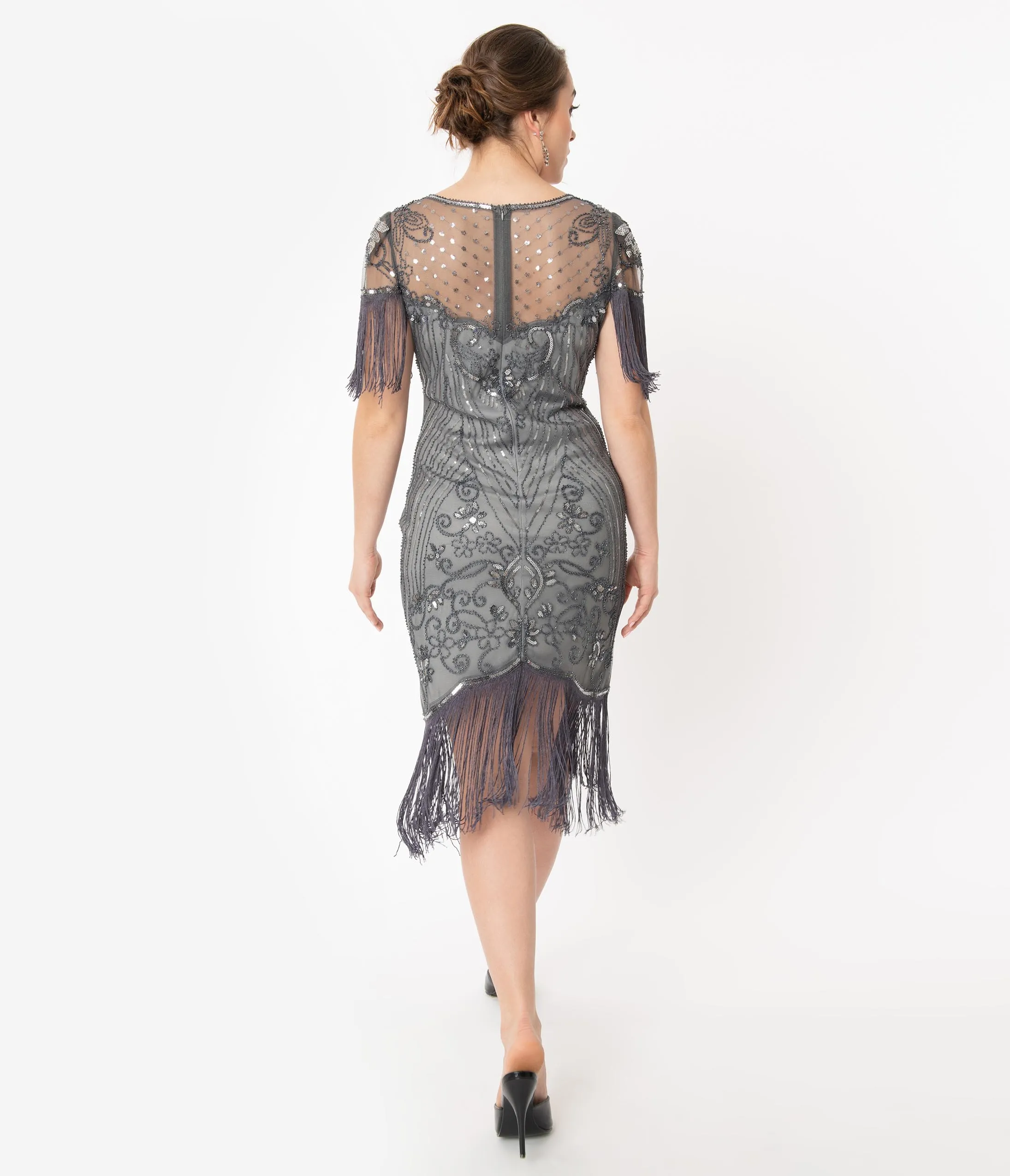 Unique Vintage 1920s Grey Beaded Nadine Flapper Dress